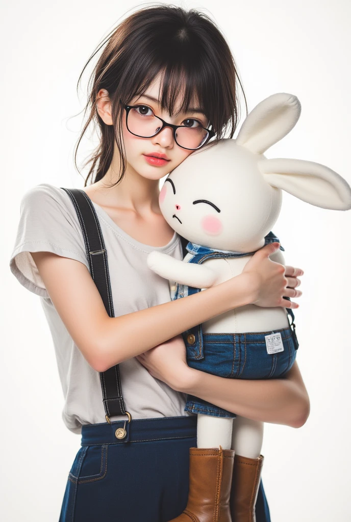 Create a realistic, ultra-high-definition (UHD) 8K scene featuring a young woman sitting on a couch. She has long, dark hair with bangs and wears round glasses. She is dressed in a fitted, light-colored tank top and dark shorts. Next to her is an adorable stuffed animal, a bunny with large ears, dressed in a stylish outfit including denim overalls, a white shirt, and a tan bucket hat. The background includes a textured wall with framed pictures hanging, and the overall setting is cozy and well-lit. Capture the details of her serene expression and the intricate design of the stuffed bunny's attire.