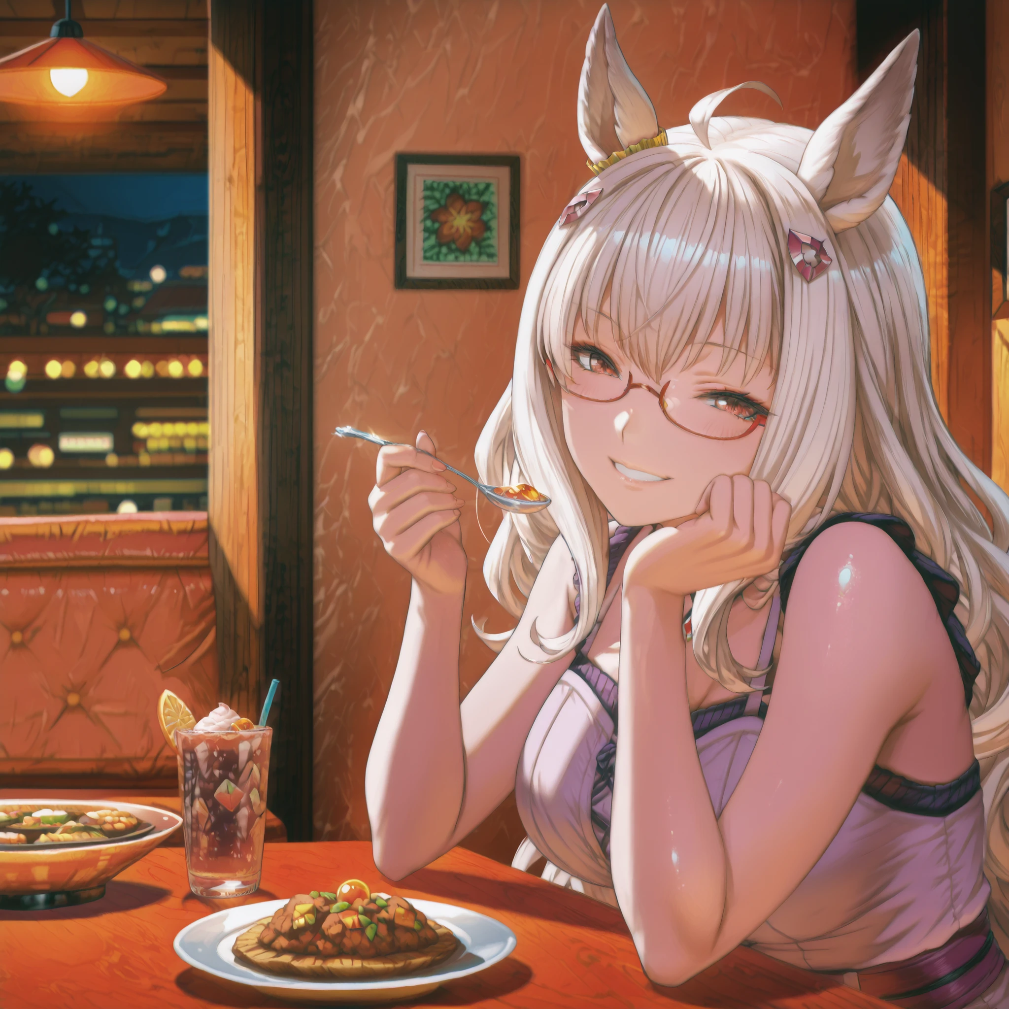Biwa Hayahide (Uma Musume), yabuki, casual outfit, sitting across the table in a cozy restaurant, holding a spoon with food, offering it directly to the viewer with a bright smile, warm lighting, romantic atmosphere, detailed table setting with plates and drinks, anime style, vibrant colors, highly detailed, cinematic lighting, 4k, first-person perspective