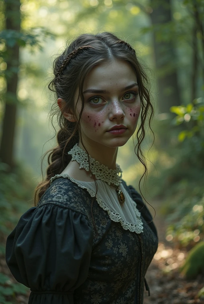 (masterpiece)+, (extremely (realistic)+,a portrait of an extremely ugly undead teenage girl, half decayed. long black hair, pale yellowish skin, Wearing victorian girl dress, Lost stare. Looking in camera. volumetrics dtx, Photorealistic, ultra detailed, Artstation trending, very very detailed, realistic shaded lighting, dynamic shadows, detailed Forest background, upper body, professional photograph of a detailed skin, sharp focus, dramatic, award winning, cinematic lighting, octane render, unreal engine, volumetrics dtx, Photorealistic, ultra detailed, Artstation trending, very very detailed, hyperrealistic, fine details, realistic shaded lighting, dynamic shadows, Forest background, add_detail:1, skin pores and wrinkles, details.,More Reasonable Details