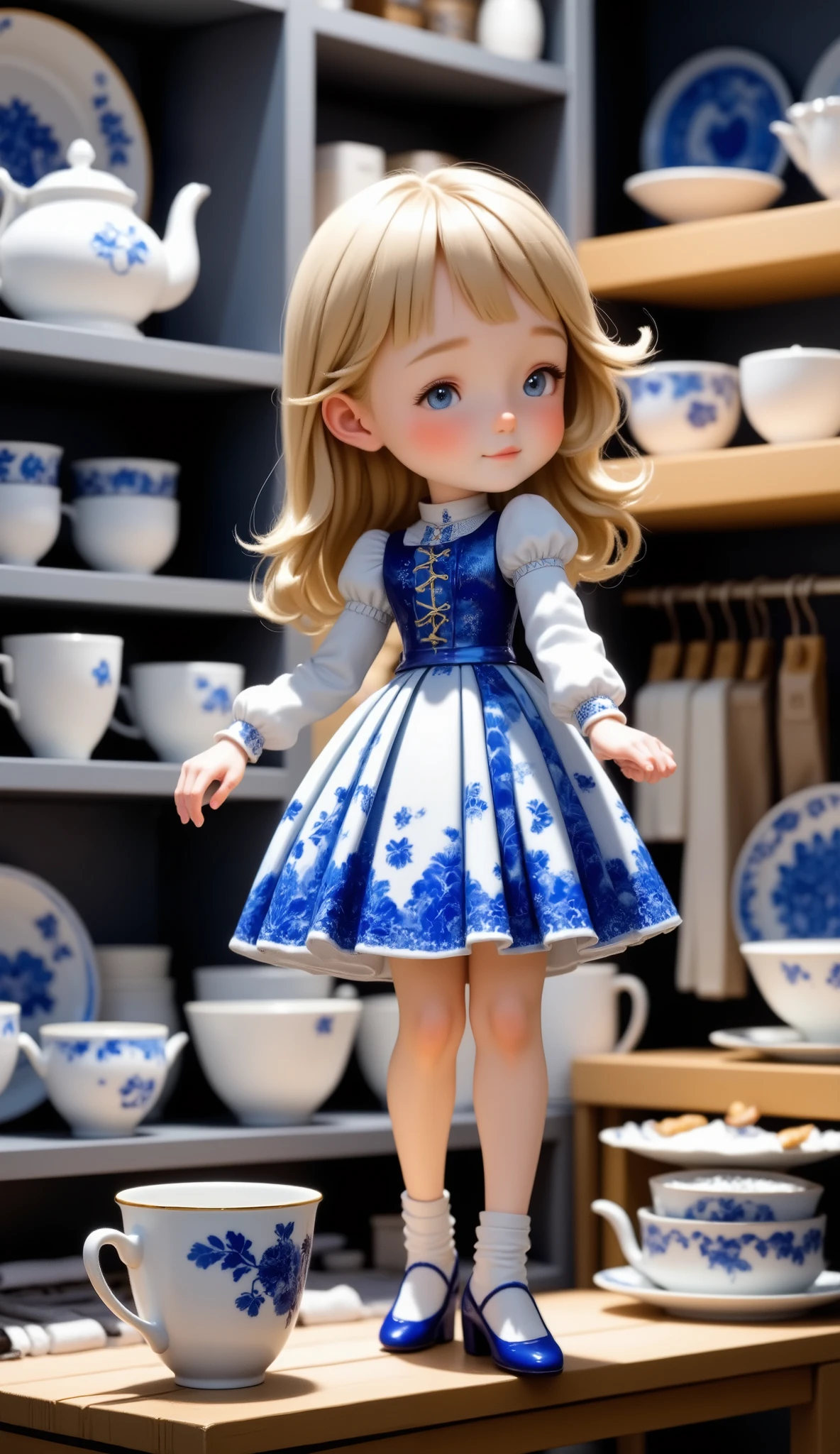 A tiny charming anime girl made of delfts blauw porcelain with golden kintsugi cracks, in a cartoon style, dances merrily on a shelf among huge tea cups and plates in a modern urban photorealistic tableware store.Surreal digital art combining an anime-style figure and a realistic background