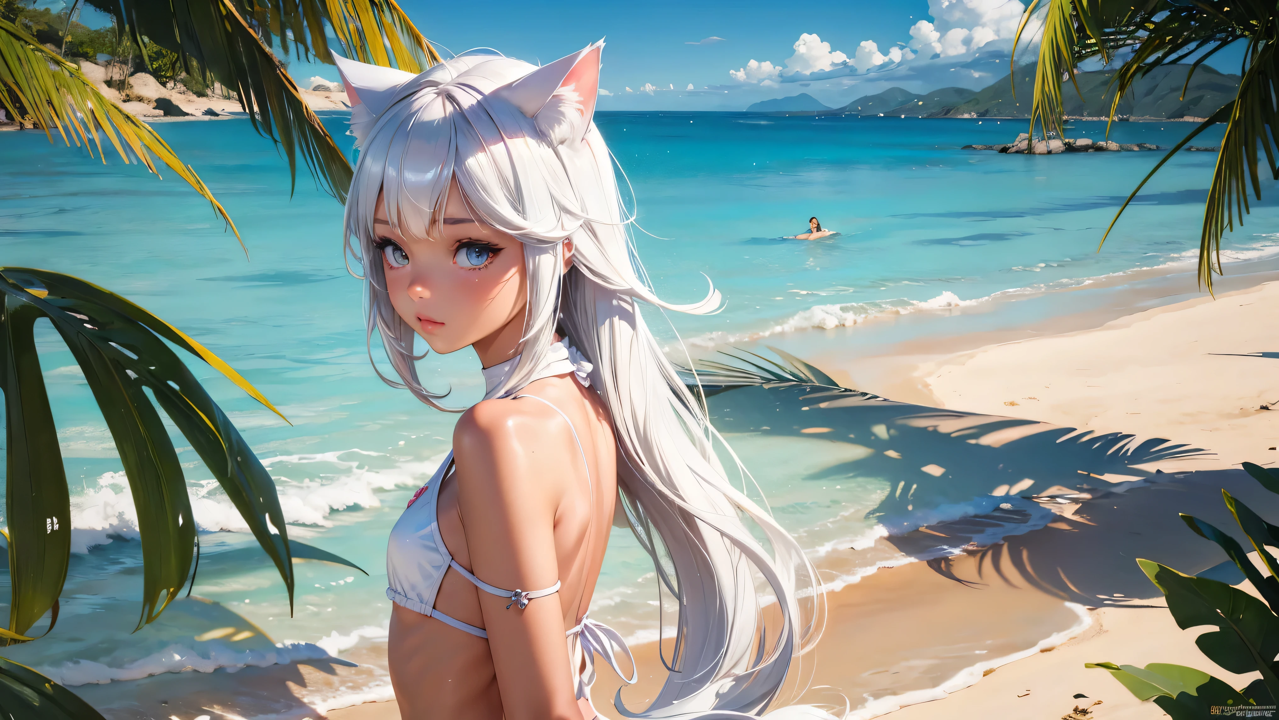 Beautiful Cat girl walking a tropical beach, (High resolution, upper body, shiny skin, My skin:1.2), (best illustration, masterpiece:1.2), super detailed, [(cat ears, white inside :1.2, white long hair), bright colors, sharp focus, portrait, beach lighting, outdoor swimsuit, beach background, hands touch her chest, medium chest, wet skin,