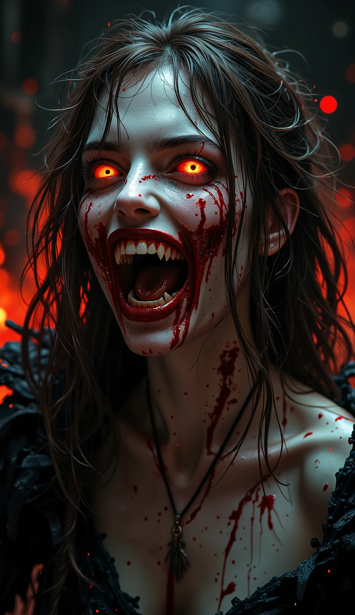 Agressive black Kaali face drooling blood and flowing hair with crown 
