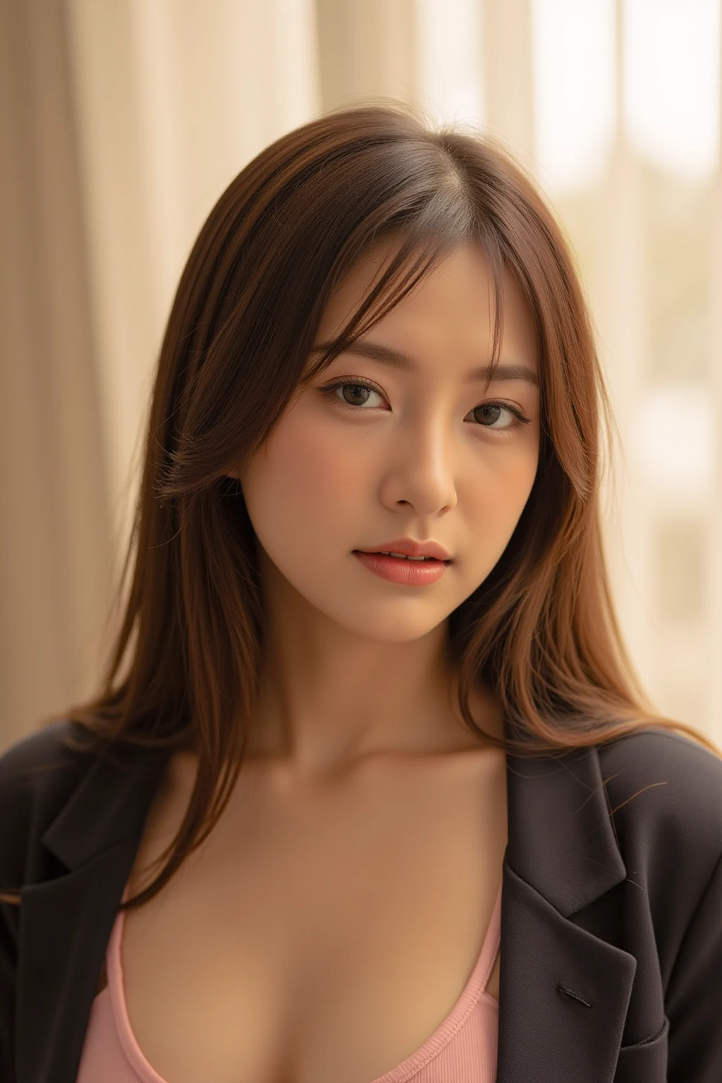 8k wallpaper,top-quality,masuter piece,ultra-high resolution,HDR,Photo Real,Cute girl, 23-years old,large boob, big breasts,Looking at the camera,solo, thin waist,enchanting posture, enticing, Attractive facial expressions, diffused lighting, detailed background of office, light on face, Close to camera,coquettish expression, dressed in business attire, including a blazer and blouse,(medium close-up shot:1.5),(ecstasy:1.3) ,(slut:1.2),(vulgarity:1.3),(fucked silly:1.1),(orgasm:1.5),(cleavage-enhancing:1.2),bokeh,(bloom:1.5),(soft brightness:1.5),(Frontlighting:1.5)