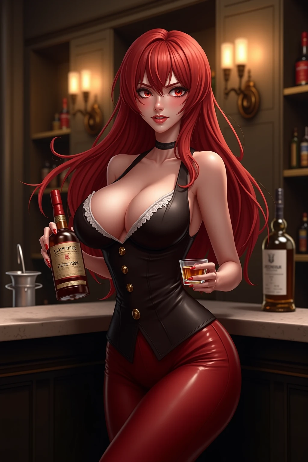 Highest Quality, masterpiece, beautifully detailed eyes, large breasts, standing, makeup, glossy lips, collarbone, (in a bar, in a club), redhead, strapless corset, sleeveless, (fishnet stockings), full lips, freckles, leotard, collar, ass view, (view from behind)