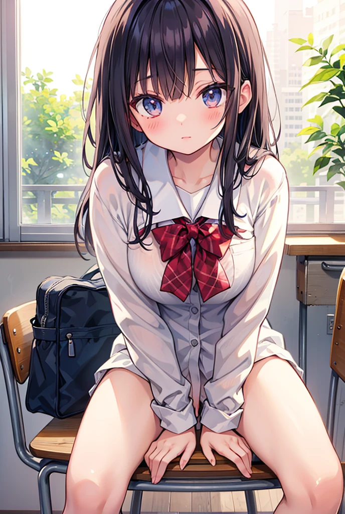 Anime girl sitting at a classroom desk with a blackboard, beautifulアニメのhigh school girl, cute anime girl, white pantiesー,cute, seductive anime girl, anime moe art style, squatbeautifulanimegirl, anime best girls, Smooth anime CG art, attractive anime girl, cotton panties,surreal , young anime girl、wear sneakers、white panties、full color、(muste piece、 best quality:1.2)、High resolution、high resolution、in 8K、🎁Live-action、Raw photo、highest quality、masterpiece、 extremely delicate、High definition raw color photo、professional photography、 wonderful face and eyes、超High resolution、Raw photo、beautiful、beautiful、beautiful girl、(solo:1.2)、 black hair、big 、blush、smile、big 、 、view audience、squat、(Crouching panty shots:1.2)、fully exposed panties、blush、shy smile、outdoor、outside of home、Obscene content、pornography、high school girl、sit with one&#39;s knees、sit with your heels on the ground、hold your knees with both hands、shins facing forward、body facing forward、sit with your heels on the ground、open legs、open crotch、white panties、8k photo、Live shooting、最high resolution、masterpiece:1.2、real、photorealistic、high contrast、photon mapping、Realism、Super detailed、professional lighting、Low - Angle:1.2)、(1 girl)、(solo:1.5)、(Height is 165 cm), (18才のhigh school girl), (Japanese high school uniform)、(summer blouse:1.2)、(plaid short skirt:1.2)、(white shirt with student ribbon:1.2)、(squatting down looking straight ahead)、(open crotch:1.2), (white panties:1.5)、(camel toe)、(white sneakers:1.2)、 (perfect proportions:1.2), (White panties are visible under the skirt:1.5), (The detailed shape of the female private parts is clearly visible:1.4), (have pubic hair:1.4), (textured skin)、I can see the cleavage、(8K、RAW photo、highest quality、masterpiece:1.2)、(realistic、Photoreal)、1 girl、from the corner of your eye１Tsu Mole、((white blouse、sailor suit、red tie、Below-the-knee length red checked pleated skirt))、（high school girl）、40 years、Skirt rolled up、gal、lots of eyelashes、glitter on eyelids、skeletally correct、thi