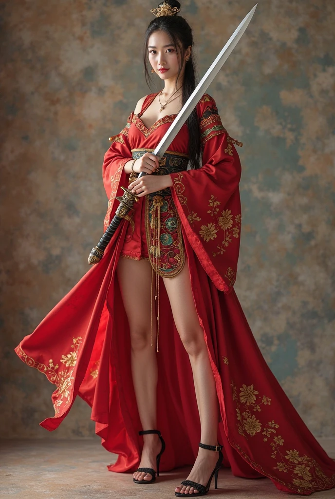 arafed woman in a costume holding a sword and a sword, she is holding a katana sword, very beautiful cyberpunk samurai, female samurai, wearing kimono armor, ornate korean polearm behind her, she is holding a sword, holding a sword on her shoulder, wearing kimono armour, dressed in samurai armour, portrait shot, samurai outfit, ornate cosplay, sexy look, big breast, sexy pose, show breast, rainbow hair