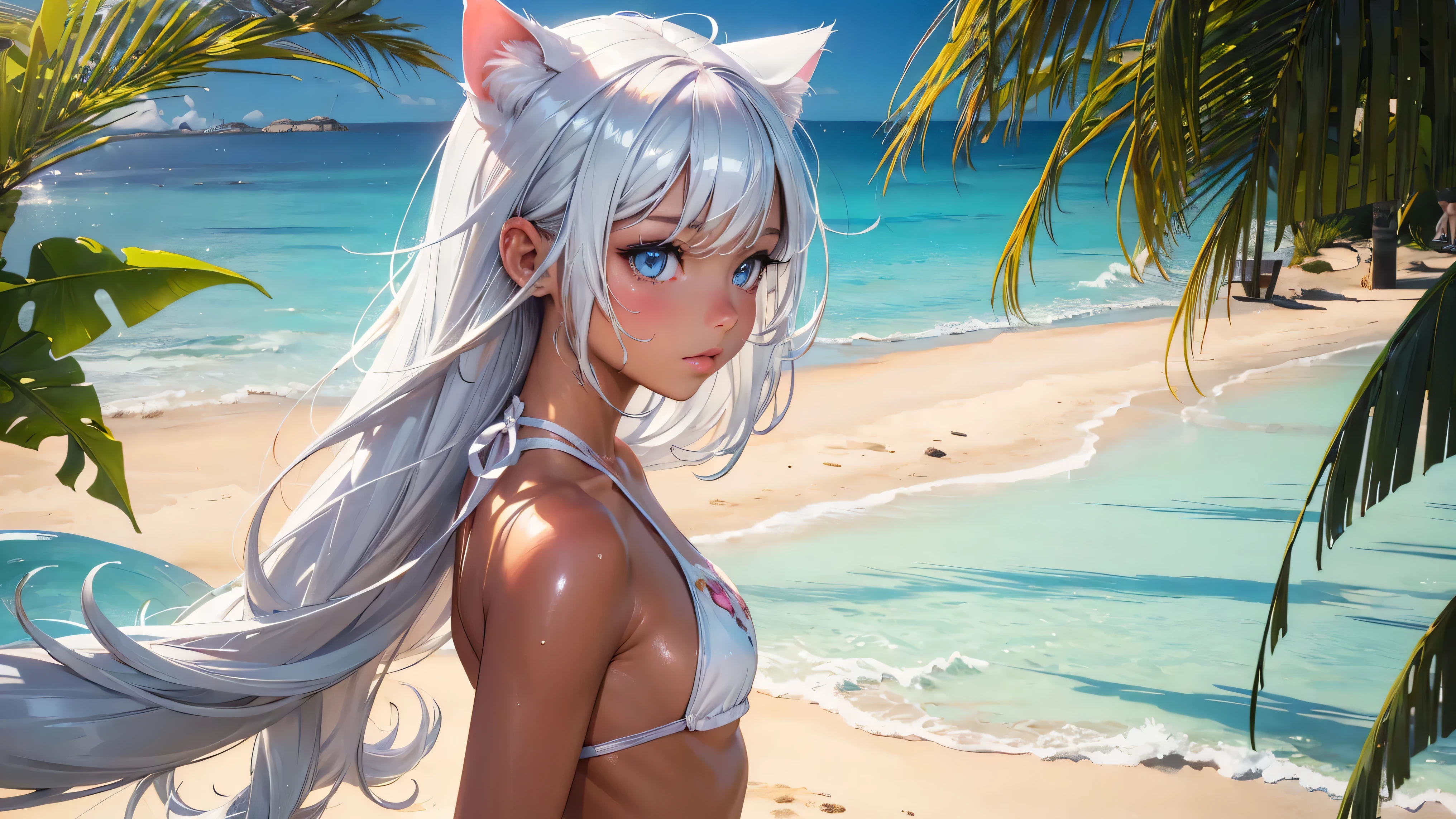 A woman in a bikini and cat ears is standing on the beach, seductive anime, estilo ross tran, personagem feminina de anime, fofosexyrobutts, mulher anime, beautiful alluring mulher anime, animes, Artgerm extremamente detalhado, ross tran. scenic background, rasgado, anime, arte digital detalhada de anime, garota musculosa, estilo artgerm