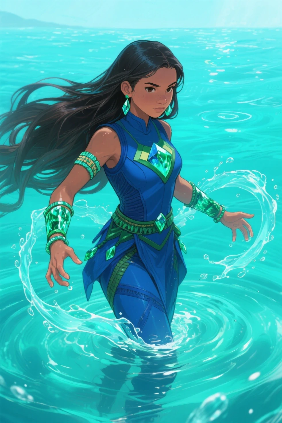 Fantastical portrait of a serene Water Mage. A breathtakingly beautiful woman with black hair and a stylish ponytail dons an enchanting smile. Her calm demeanor exudes charm as she sends a playful air-kiss amidst the mystical realm. Dressed in azure water armor, this powerful matriarch stands within a pool, surrounded by intricate details of her magical domain. Floating above are mesmerizing water balls while a majestic Water Dragon emerges from the depths to complete the scene's harmony. This captivating image encapsulates fantasy, beauty, and the enchanting essence of an air-kissed water mage.