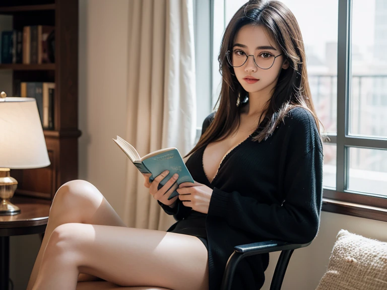 a girl reading a book, wearing glasses, lingerie, with bra, big breasts, indoor lighting, extremely detailed, romantic color, high resolution,