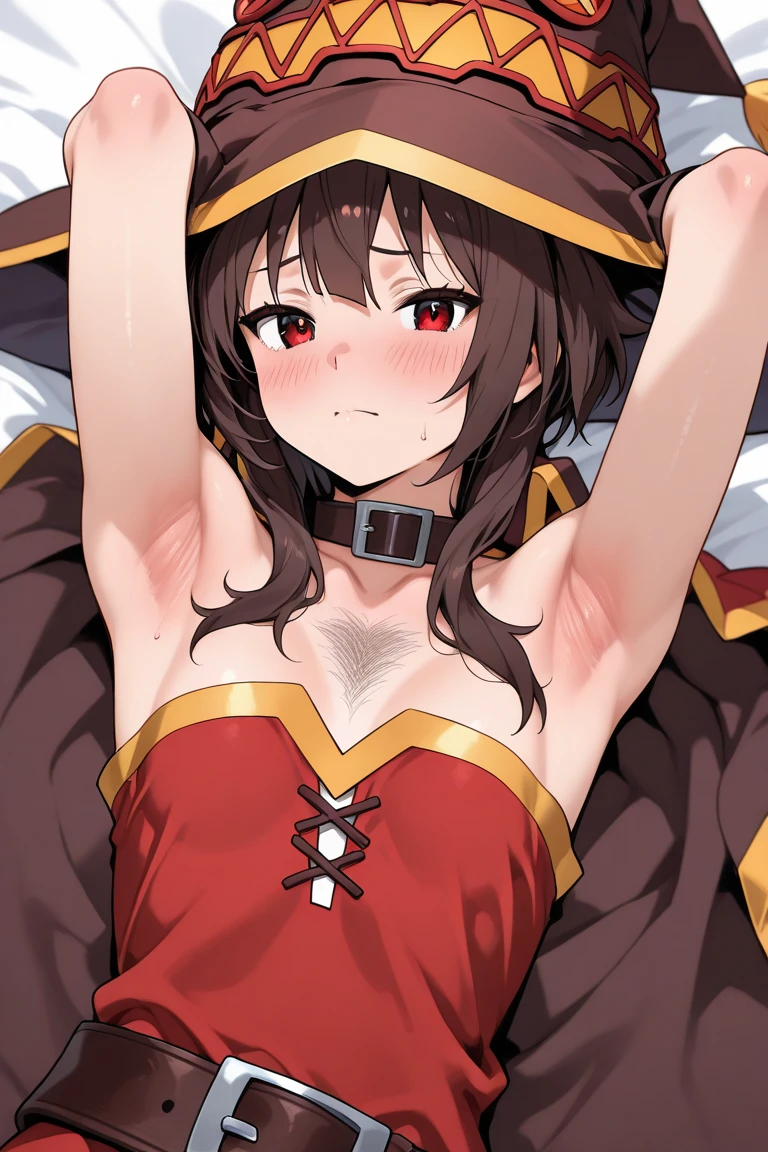masterpiece, best quality, 1 girl, detailed beautiful face, megumin, witch, flat chest, embarrassed, blush, spread legs, sweat, (open mouse), crying, pussy, orgasm, (squirting), lying on bed, closed eyes, (having sex with a man), vaginal sex