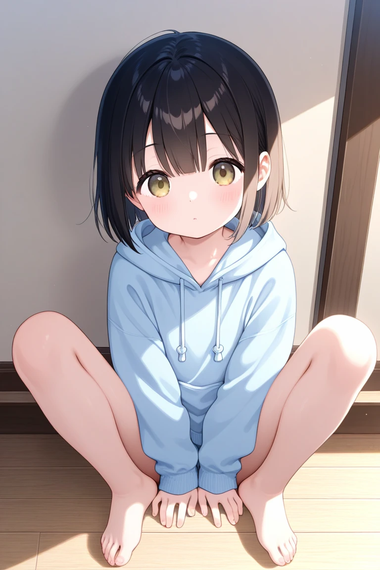 , embarassed, upset, brown hair, pastel colors, baby clothing, peeing self, sitting on floor, puddle of pee