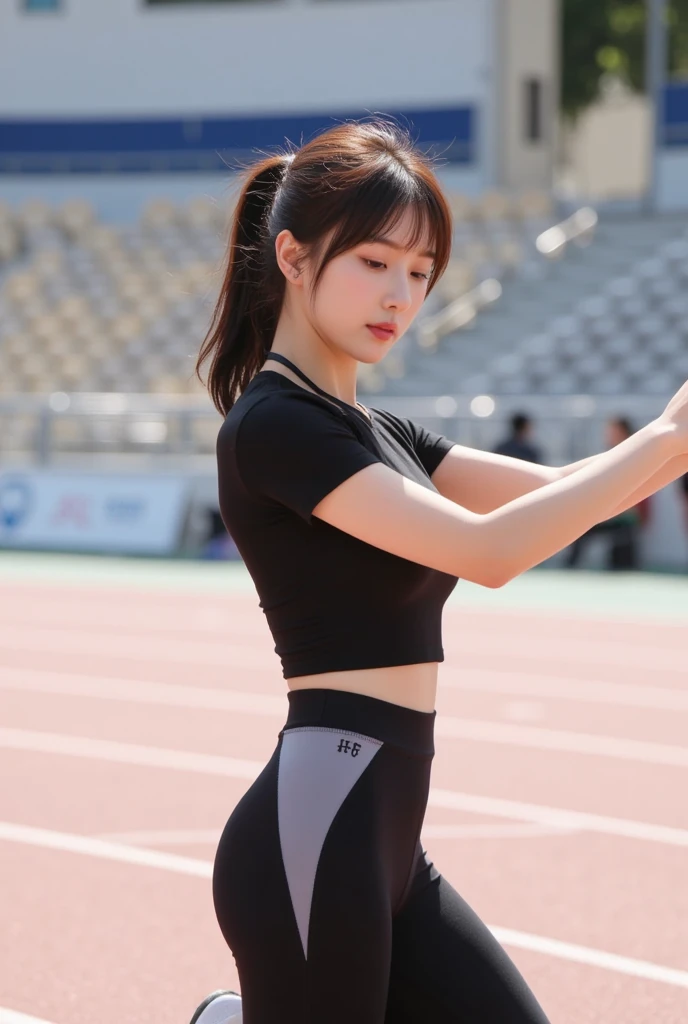 ((highest quality)), ((masterpiece)), (detailed), ((land競技のユニフォーム)),((track and field uniform)),((very short athletic bloomers:1.3)),((land))beautiful girl、21 years old、Daytime、arena、Ground、Dark brown eyes、Mouth closed、Long Hair、Knee-up-top angle of view、land、landのユニフォーム、ponytail、Hair blowing in the wind、Back view、look back、Very black hair、pretty girl、Beauty、Glowing Skin、Glowing Skin、Shiny Hair、Very white skin、Heavy makeup、Large Breasts、Slit eyes、Big Eyes、Double eyelids、Don't show your teeth、smile、clear