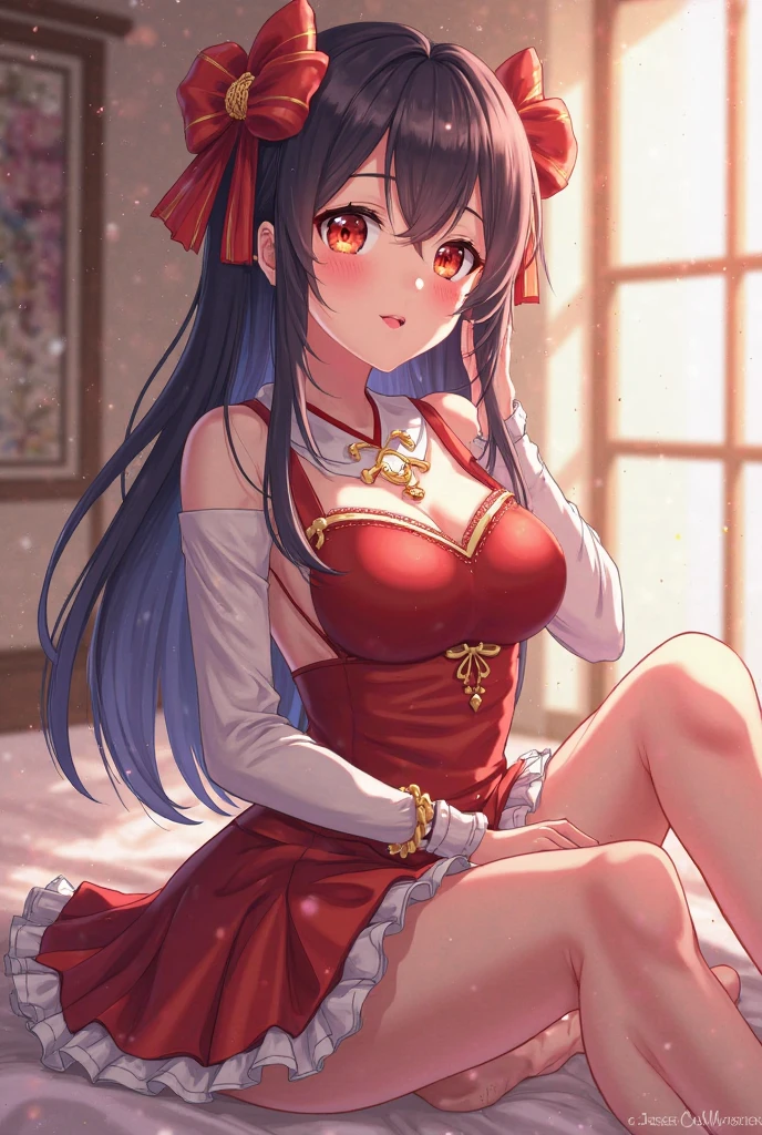 High quality, masterpiece, ultra-detailed, thighband pantyhouse, red christmas lingerie, 1girl, solo, peaceful expression, long black hair, enchanting blue eyes, fox ears, large breasts, shiny skin, bedroom, christmas, side view