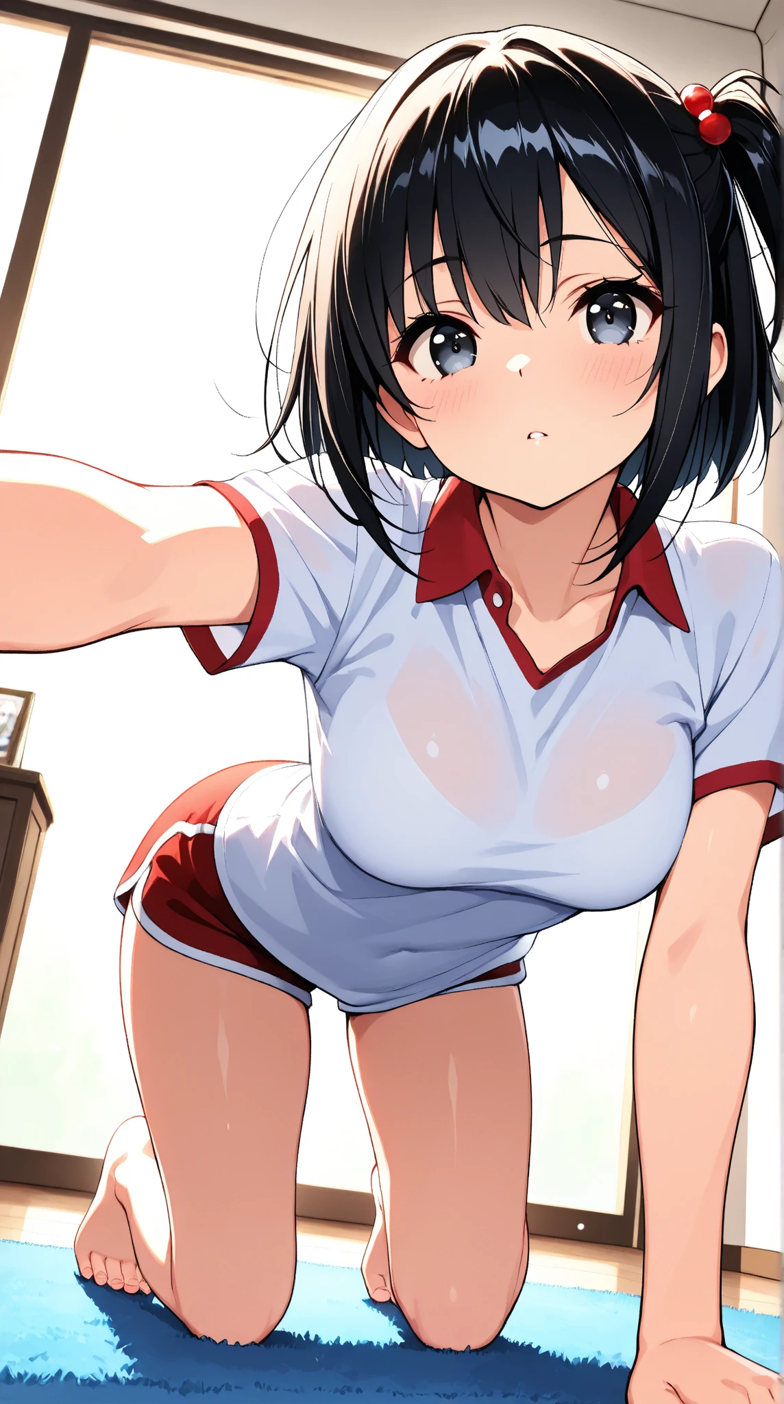 8K,master piece,anime,Perfect Anatomy,Suguha Kirigaya,1female,crossed eyes,(rolling eyes),open mouth,(tongue out),(crying),(orgasm:1.2),cheerleader clothes,nipples,(((pull down))) a micro pleated skirt,((groin)),short hair,(huge perky breasts),(Very small waist and slim body)