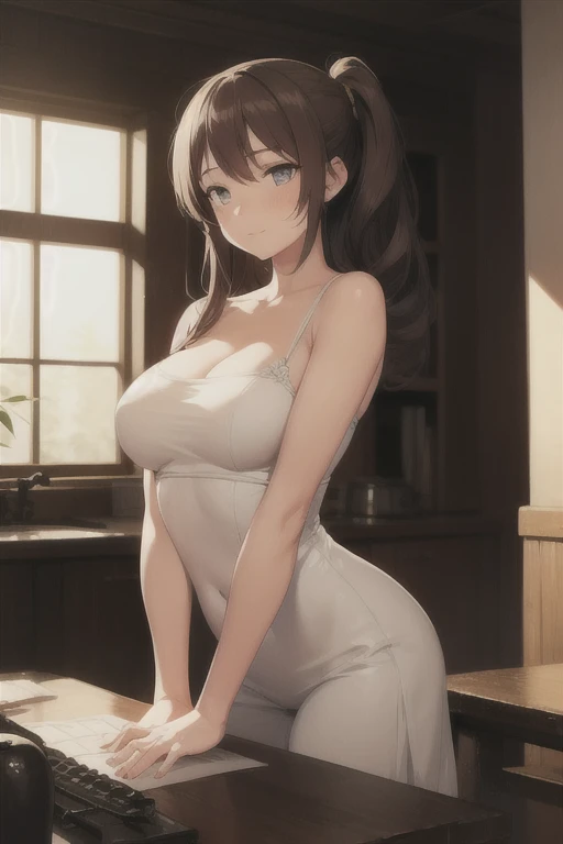 Hands on hips、leaning forward, side angle, Cleavage、Upper Body, Realistic, real person, (pale skin: 1.2), RAW photo, photorealistic, shiny skin, shiny hair、(A 25-year-old woman with medium-length hair and bangs) and (wavy hair) and (brown hair) and (orange eyes) , Wearing a white tank top 、smile, open mouth, The background is the living room、Alone、Are standing