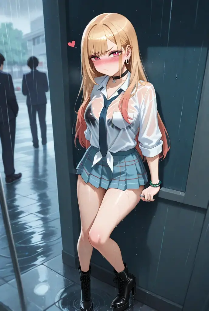 Bully student approaches me with a perverse face as I am a nerd, wearing short skirt, blonde hair, blue eyes, small firm breasts, long sexy legs, bad girl. very tall girl, photo from bellow her, bully, anger face