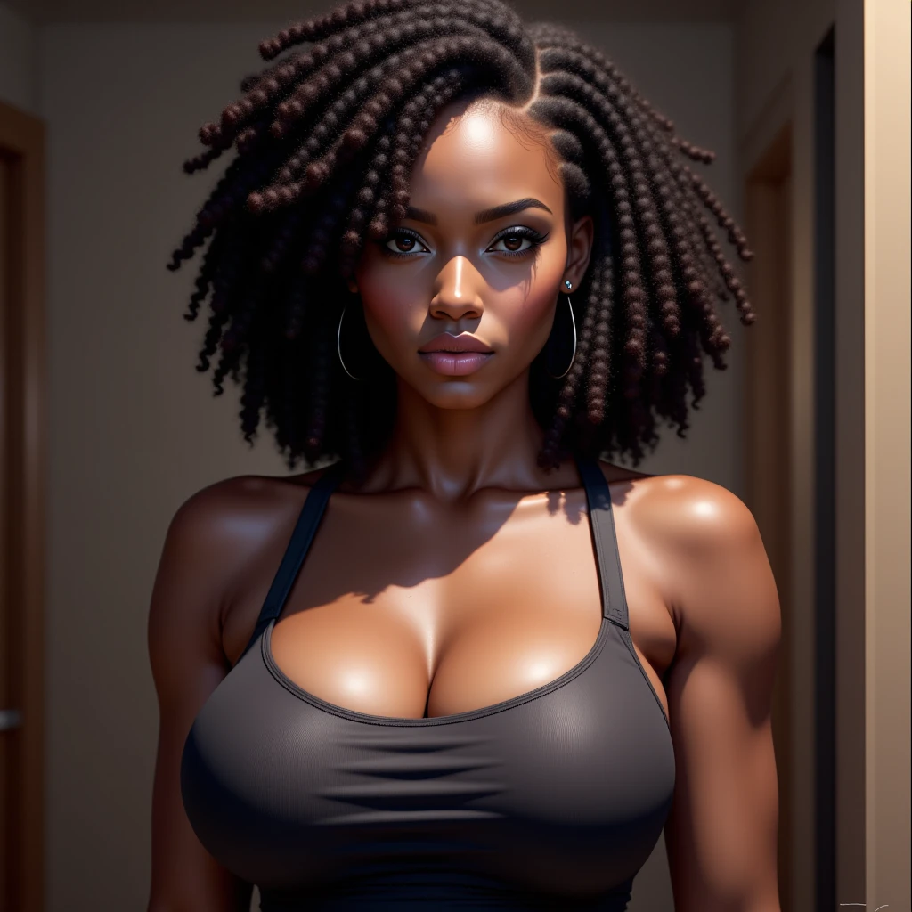 fisiculturista modelo feminino negra, with a handsome and serious face, com cabelo curto preto e olhos claros, exibindo um corpo perfeito e em forma, com abdome definido e grande, mamas musculosas.
