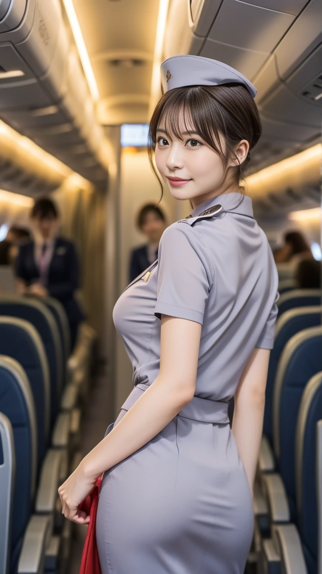 ((top quality, 8k, masterpiece: 1.3)), pretty woman with perfect figure: 1.4, (big breasts: 1.2), highly detailed face and skin texture, detailed eyes, stewardess uniform, (posing in the interior of the plane: 1.2), 1girl, cinematic, full body, goddess of Japan, short hair, smile, passenger, interior of the plane