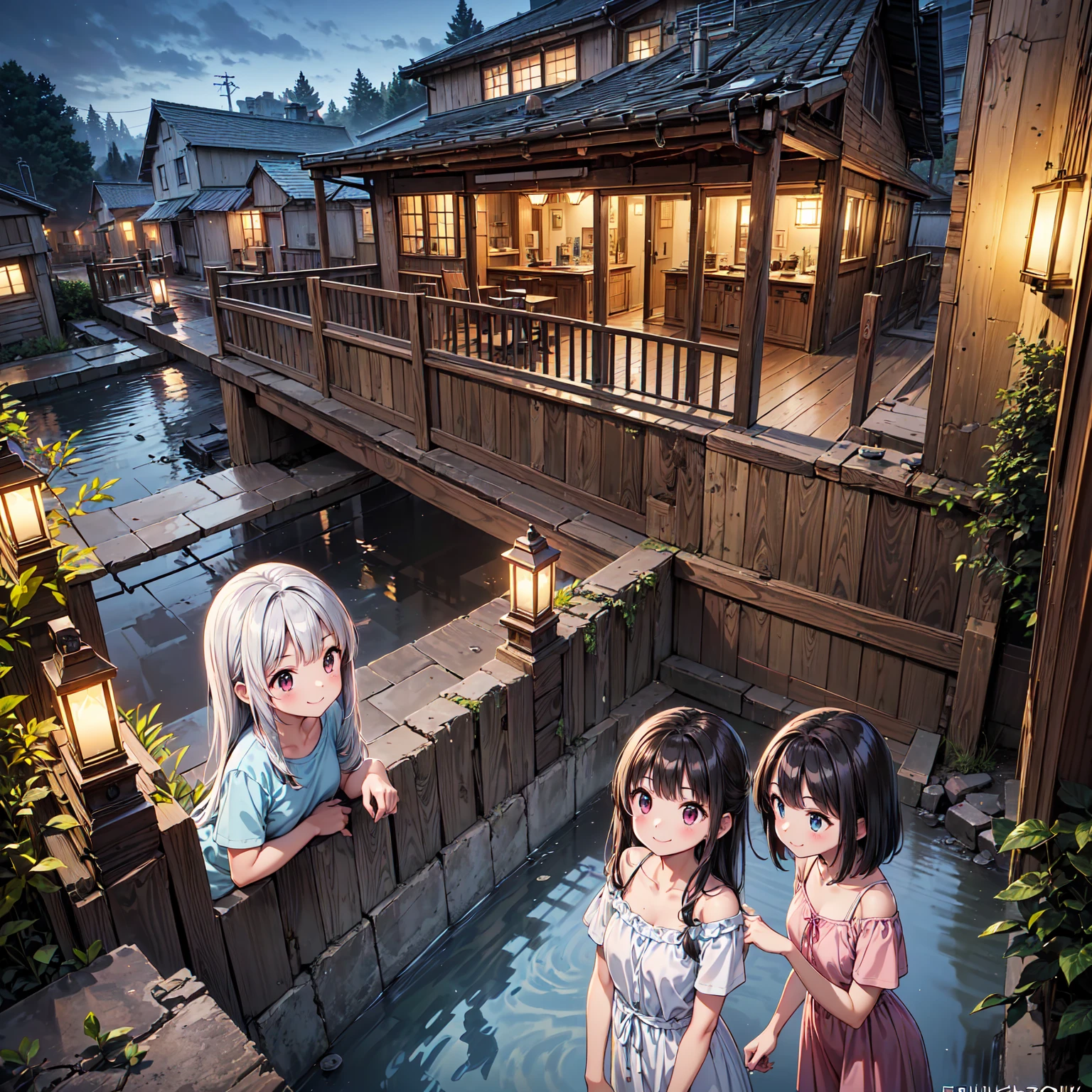 6 years old、four beautiful girls、gothic、witch, happy smile、beautiful background, (river, swimming pool and fantasy), four girls,