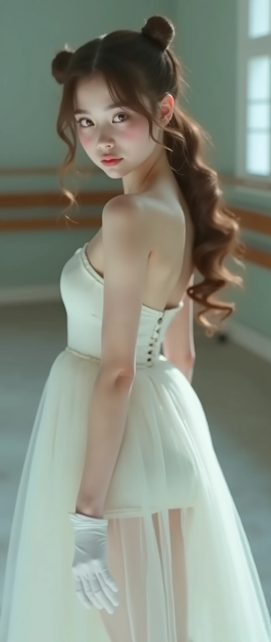((RAW Photo), Absurds, (Absurd Resolution)), (Masterpiece, Best Quality), ((Hyperrealism, Photorealistic)), (AI Fantasy), (masterpiece, highest quality, amazing quality), (realistic pupil, luminous tan eyes), (beautiful girl, 21 years old, haiz_ai, in the style of cknc, full body), (brunette girl, with two pigtails, curly hair, brown color), (long white dress, valet slippers, white stockings, white tulle gloves), ((ballet pose for a twist, dynamic pose)), (background: ballet studio), (Photo Perspective). «SunPuma S»