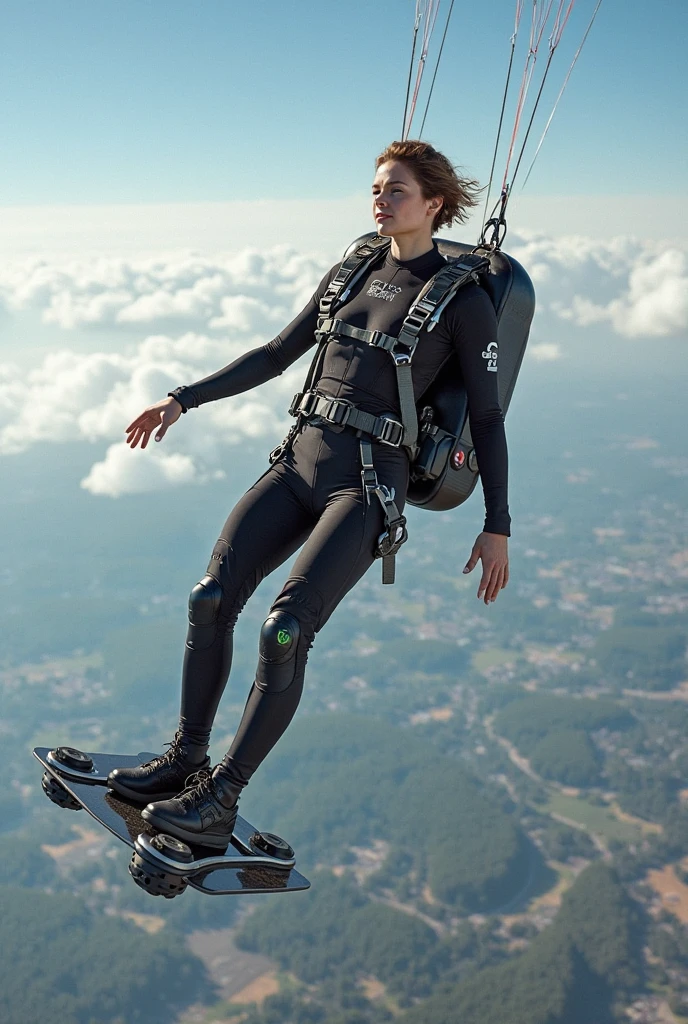 (photorealism:1.2), Draw a beautiful woman, long brown hair, medium breasts, medium hips, nice butt, who is about 1 meter tall.70 meters, that she is wearing a black skydiving overall with green lines, and who is wearing a parachute backpack, Behind her is a Cessna 172 plane and in the background in the sky a person is falling with a light green parachute. and that it has the same color overall as the woman.