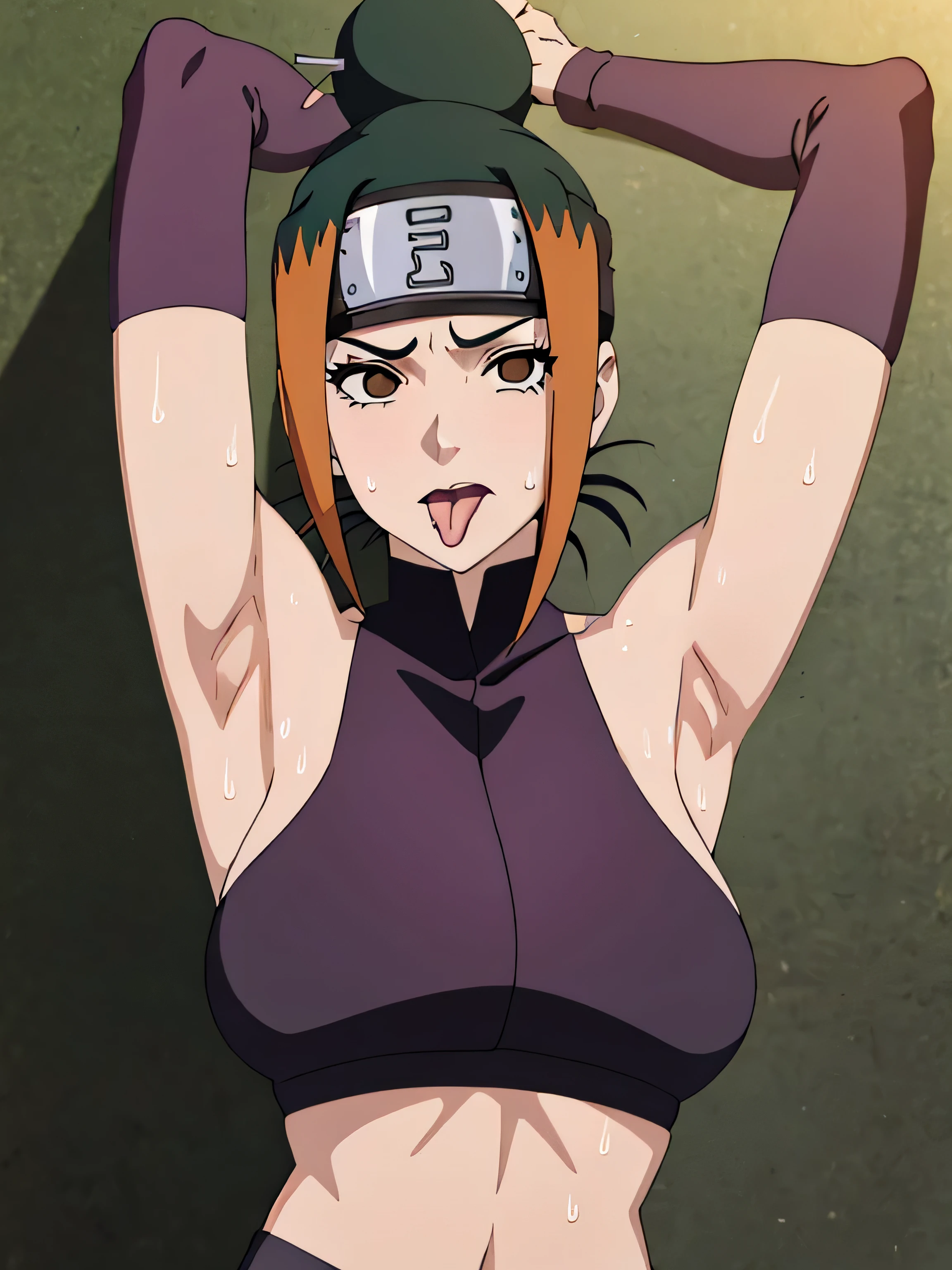 Pakura,human woman with fair skin. She has black eyes and blackish orange clothing. Her hair is black in color; She is beautiful.Tsundere face. Pink eye shading,mature appearance,armpits,sweat,sweaty,sweaty armpits,arms up,showing armpits,awesome armpits,outfit,blackish red arm warmers,maroon arm bands,maroon arm warmers,showing tongue,tongue out,wearing Konoha headband.