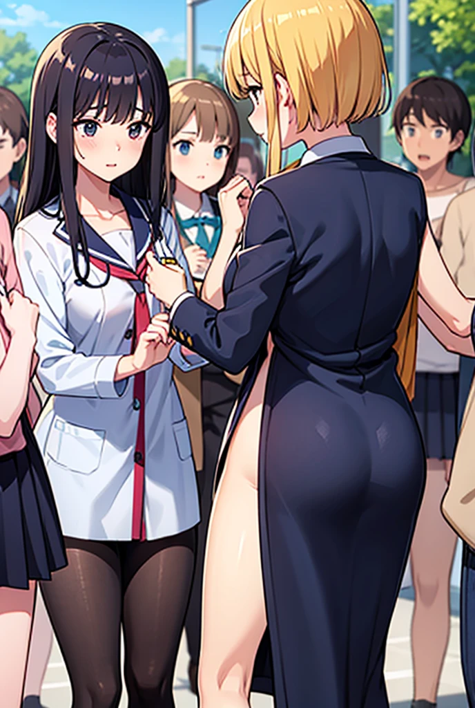 A thin female student with small breasts,{laughing},{nsfw},locker room,school uniform,undressing,changing clothes with a friend