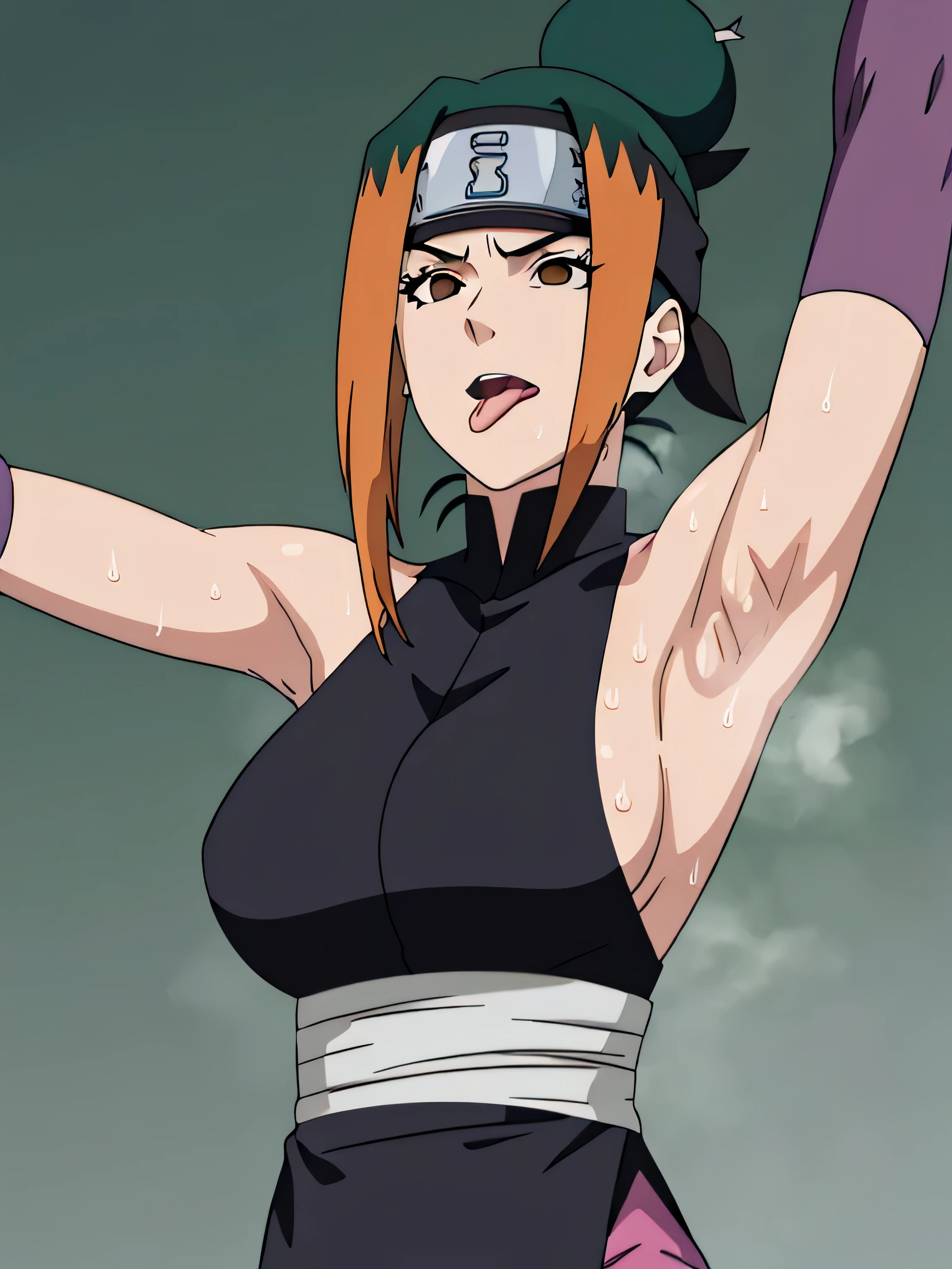 Pakura,human woman with fair skin. She has black eyes and blackish orange clothing. Her hair is black in color; She is beautiful.Tsundere face. Pink eye shading,mature appearance,armpits,sweat,sweaty,sweaty armpits,arms up,showing armpits,awesome armpits,outfit,blackish red arm warmers,maroon arm bands,maroon arm warmers,showing tongue,tongue out,wearing Konoha headband.