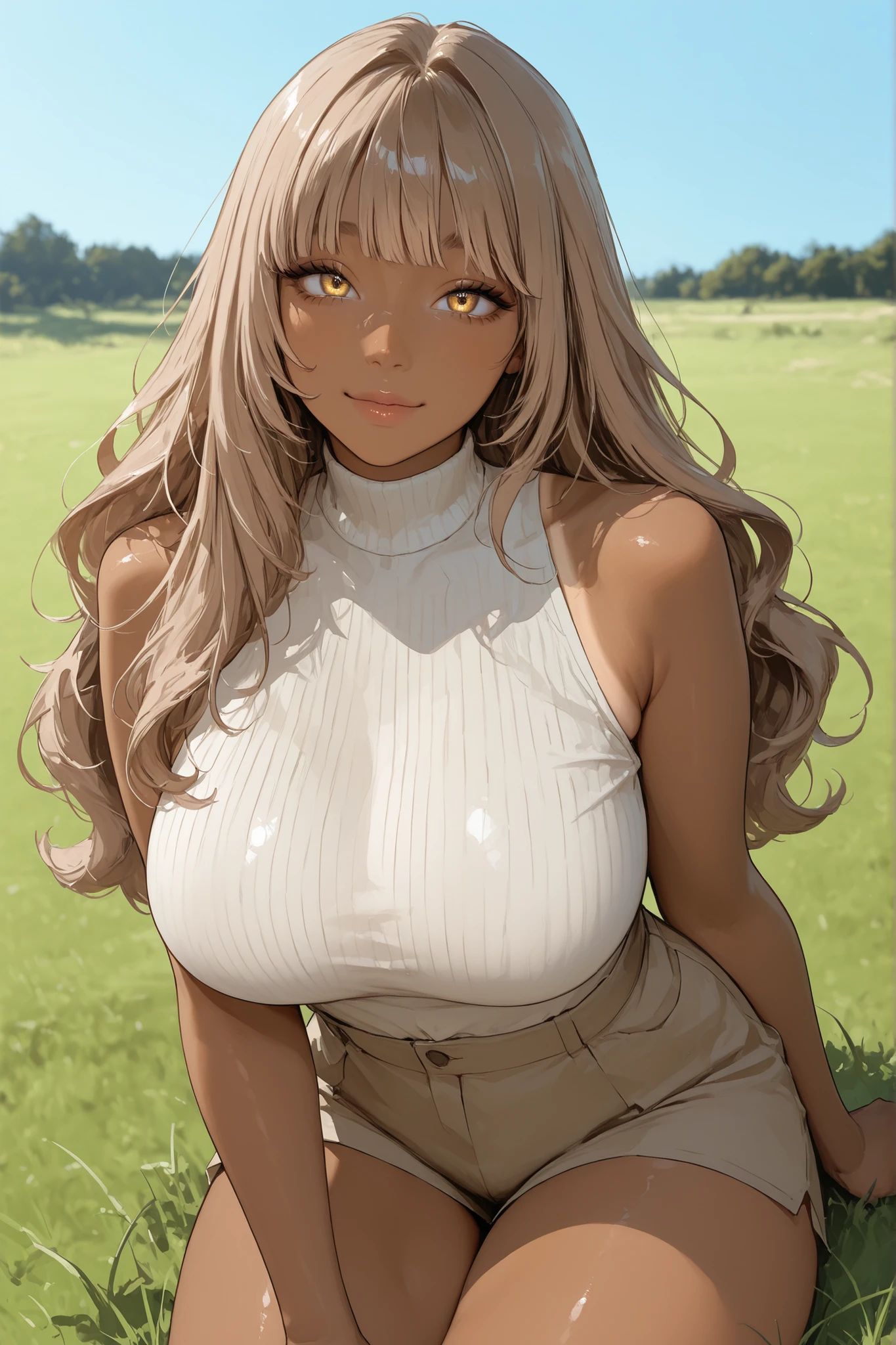 A beautiful and very cute woman, large breasts, light brown skin, long wavy light brown hair with bangs, golden eyes, tanned skin, cute appearance, blue sky background with grass.