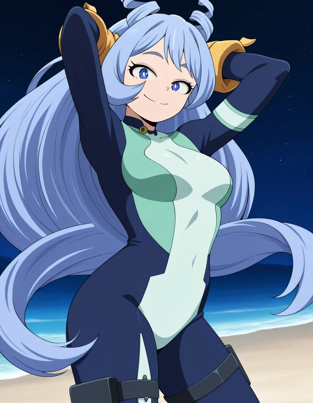 nejir3, blue eyes, blue hair, long hair, hair down back, twin drills, hair horns,
nejir3her0, blue bodysuit, green bodysuit, multicolored bodysuit, thigh straps, yellow gloves, blue arm coils, blue spiral wrist straps, anime screencap, high quality, closed mouth, solo, cowboy shot, night sky, beach, hands behind head, ((contrapposto)), looking at viewer, smile, best quality,