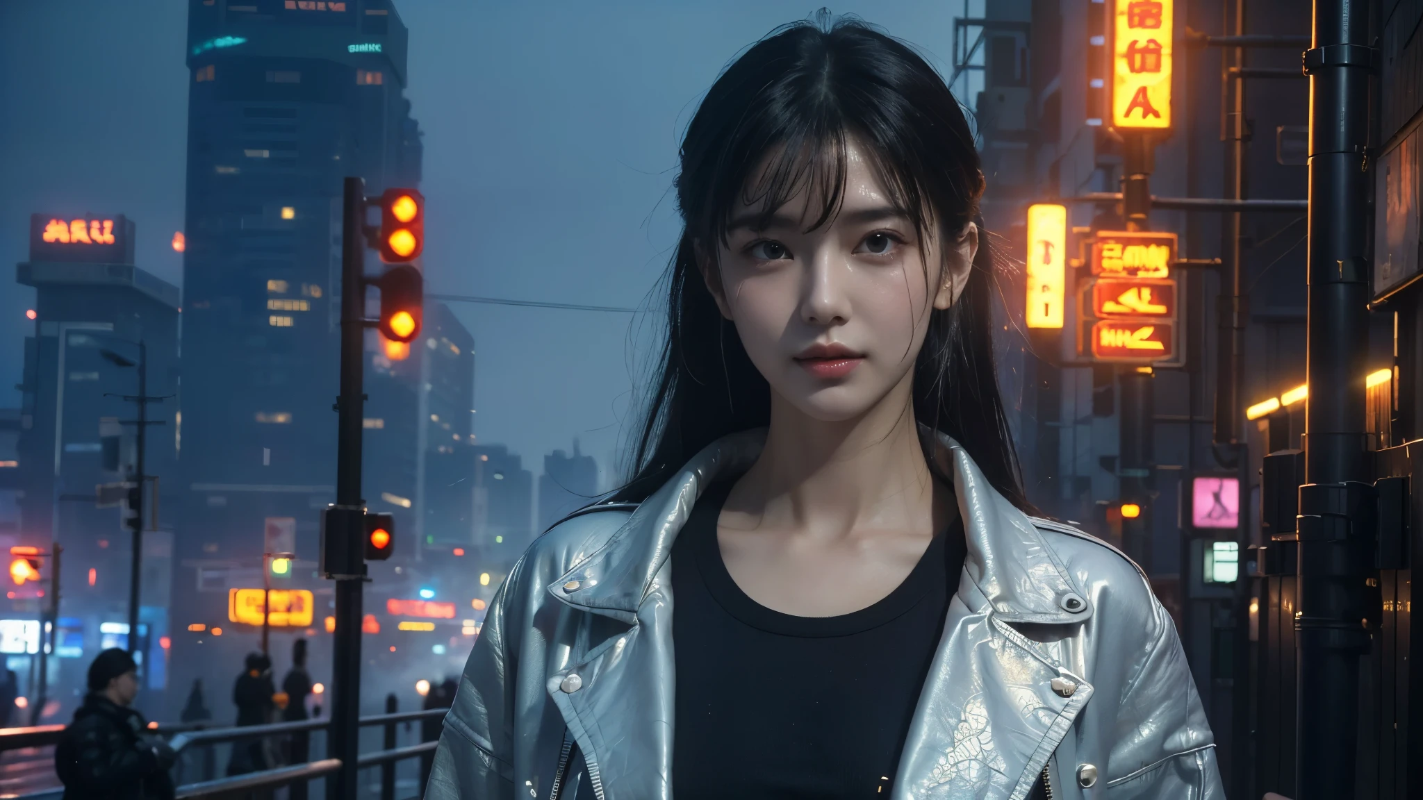 masterpiece,best quality,high resolution, 8,000,(Portrait Photos:1.5),(R Original photo),Real Photos,Digital photography,(cyberpunk style的城市街头,Bustling city streets,Neon sign,After the Rain,Mist,steam),(female), 20 year old girl, random hairstyle,Through Bangs,( big breasts,Keep your mouth shut,Keep silent,Elegant and charming ,Smile,cyberpunk style,(Mecha),Photo poses, Realisticstyle, oc rendering reflective texture, Upper Body Lens ,looking into the camera