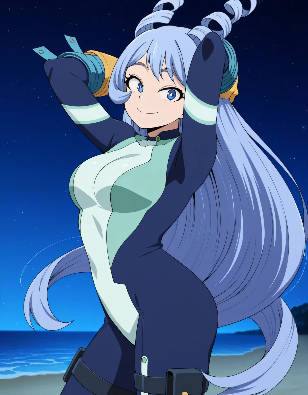 nejir3, blue eyes, blue hair, long hair, hair down back, twin drills, hair horns,
nejir3her0, blue bodysuit, green bodysuit, multicolored bodysuit, thigh straps, yellow gloves, blue arm coils, blue spiral wrist straps, anime screencap, high quality, closed mouth, solo, cowboy shot, night sky, beach, hands behind head, ((contrapposto)), looking at viewer, smile, best quality,