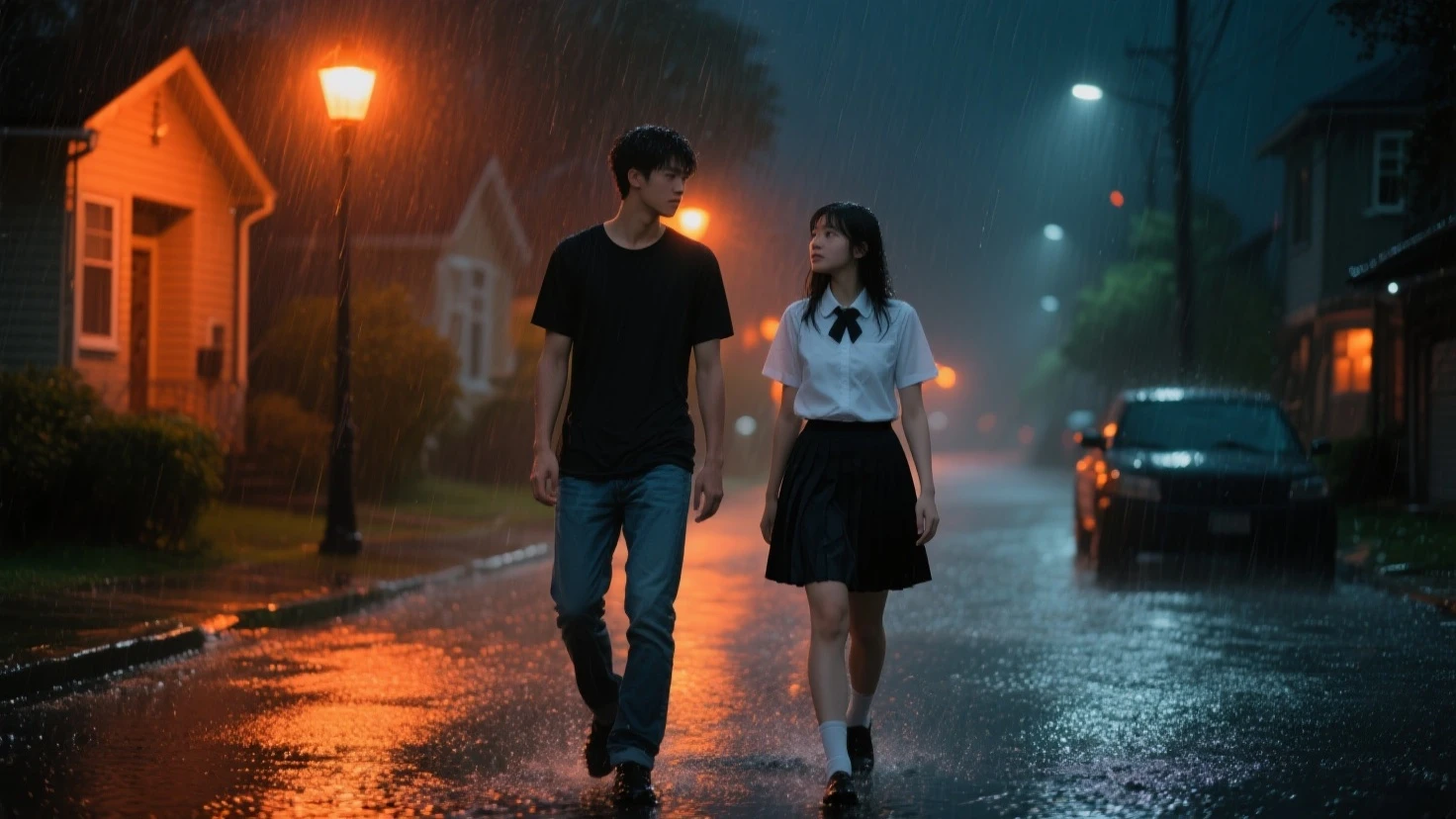 rain in a city park, at night. (1 short hair girl curled up under a tree). (1 boy stands in front of the girl with his head down and gives her an umbrella) 