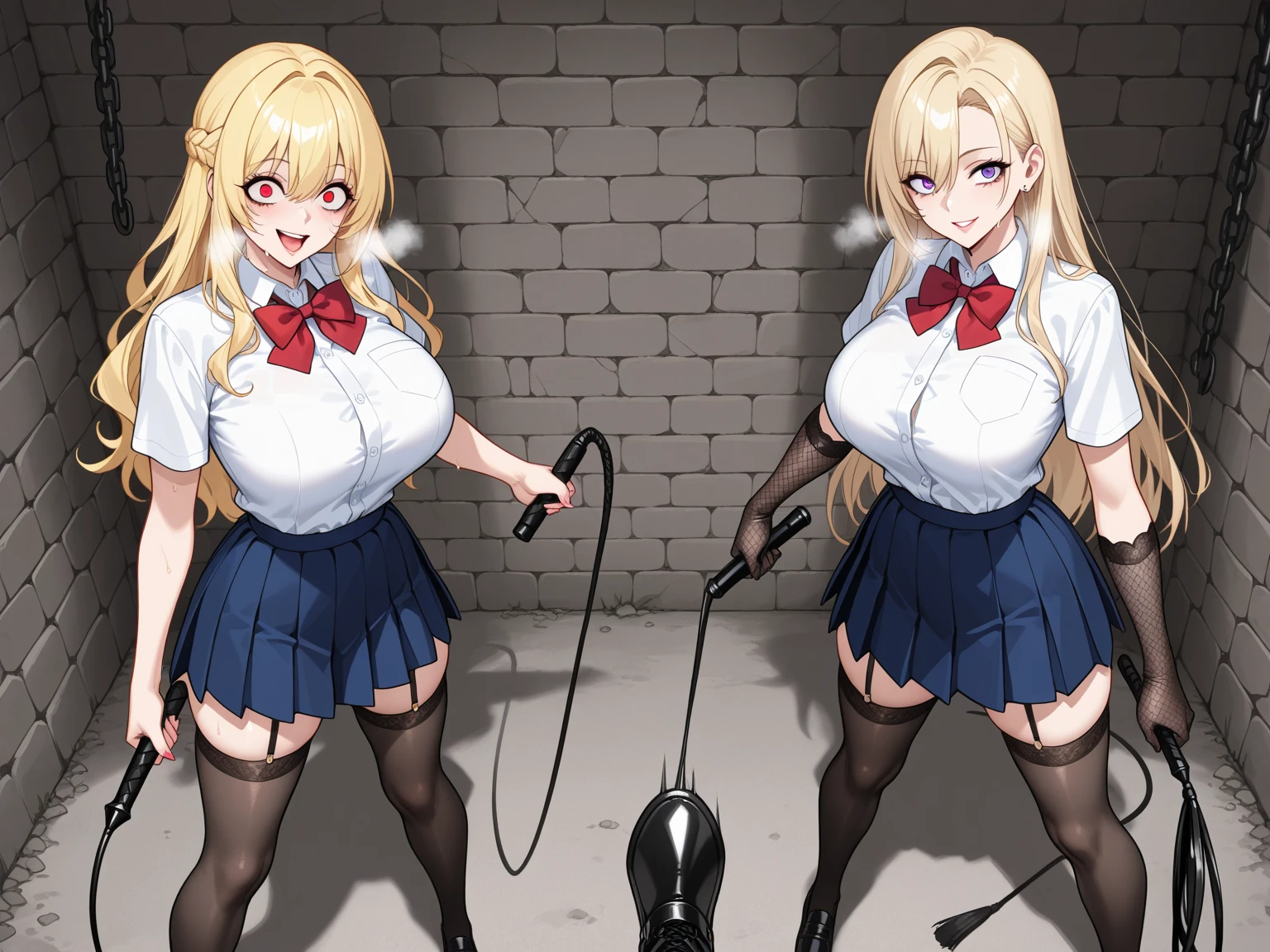 score_9, score_8_up, score_7_up, score_6_up, score_5_up, score_4_up, source_anime, 2 women, sisters, sisters, next to each other, facing each other, without panties, light brown hair, handcuffs, Mouth covered with tape, arms open, open legs, long hair, dress, see-through underwear, hot night, open legs, panties, chained legs, best quality, best resolution, 4K UHD,