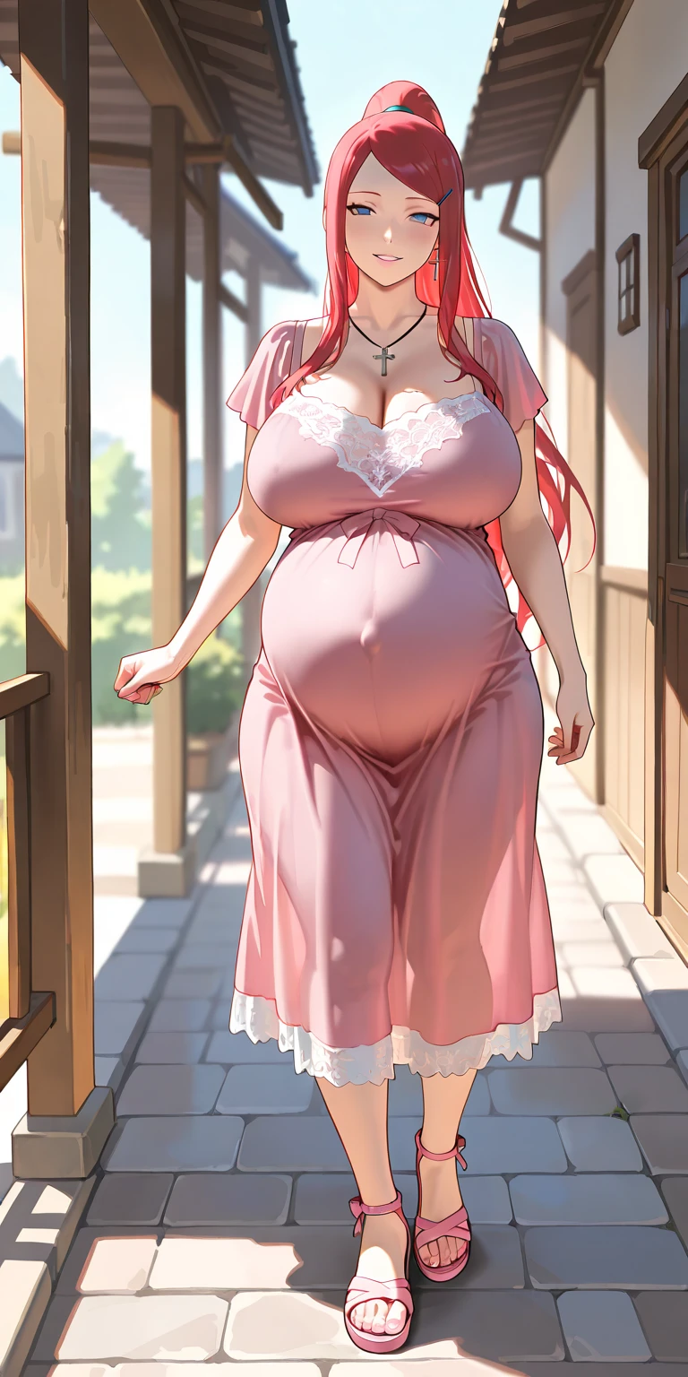 1 very mature girl, Long pink hair, pink eyes, beautiful eyes, perfect face, perfect body, Huge tit, very big breasts, wide ass. Pregnant, big Nipples, tight dress, sexy dress, smiling, walking, full body, Bdsm dress