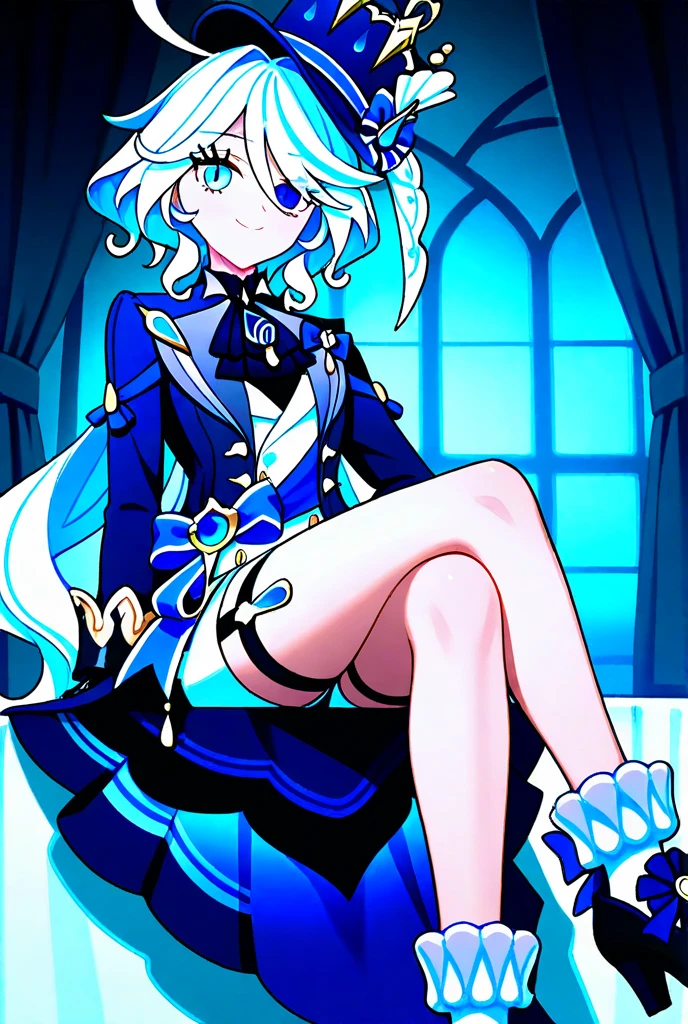 16k,The beautiful, On a table, Best quality at best, The facial details are particularly rich, perfect litthing,1 girl in、tightsuit, skin tight, latex,Black Jumpsuit,Black Jumpsuit, shinning clothes, Shiny, Cover the navel, steamy,tmasterpiece, Best quality, 1 Sister, Forina, genshin impact, White hair, Blue hair, Black latex clothing, abandoned city lock,hair covering one eye,((Gradient hair)), A thin body,Wearing long white gloves:1.a purple eye:1 white hair, Blue hair:1.3, Ultra-detailed eyes