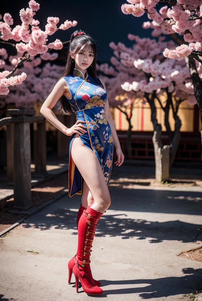 (highest quality, 8K, masterpiece), 1 girl, beautiful girl, cheongsam clothes, Facing, Fist technique, With two people, finding, 23 years old, young girl, japanese women, random hairstyle, random hair color, Random Posing, Large slit, garter belt, Braid, Twintail, ponytail, kiss, random place,