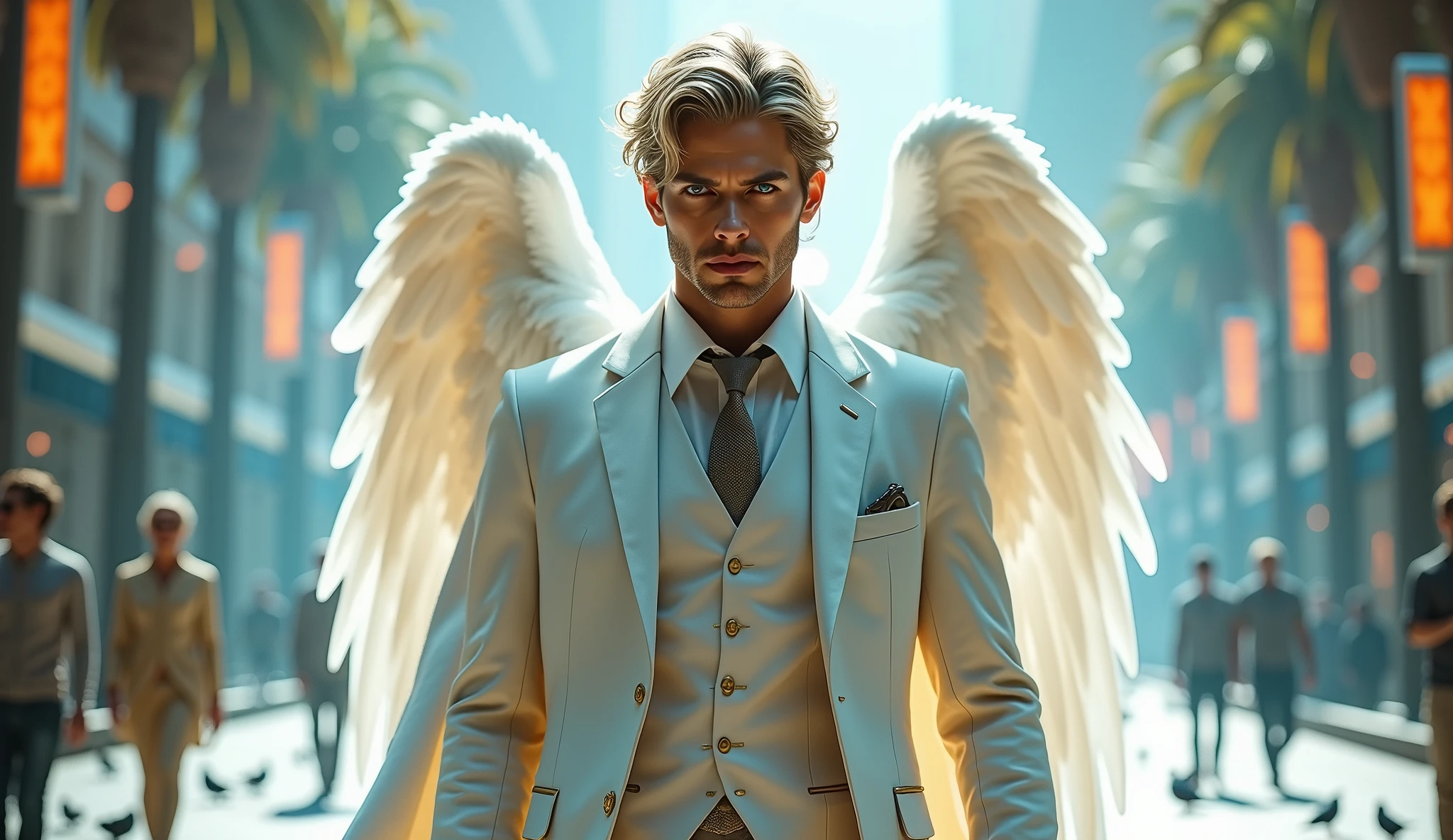 Handsome Male angel, light blue eyes, European features, white large feathery wings, adorn in a white suite and white cloak over his head, stares intensely with a plain look on his face, glowing light all around him, through a Los Vegas square, people fallen to the ground in the background, Palm trees, water fountain , pigeons on the sidewalk, cars parked at a distance, warm tone, cinematic scene, blockbuster, hyperrealistic, flawless, Raw image, 32K UHD