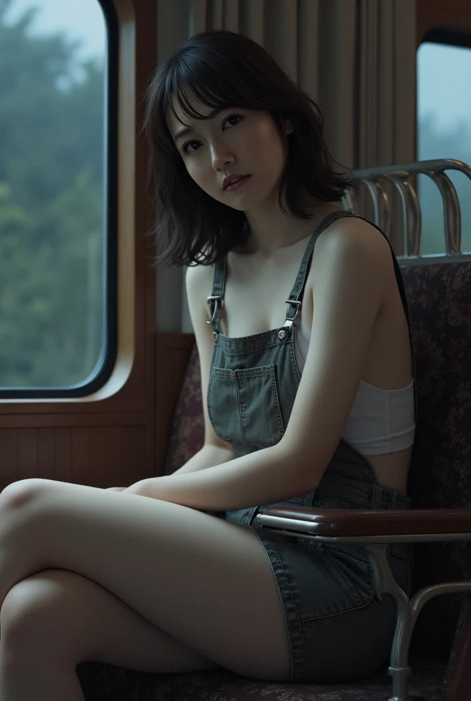 Japanese girl in heels and miniskirt sucking a penis on a bus