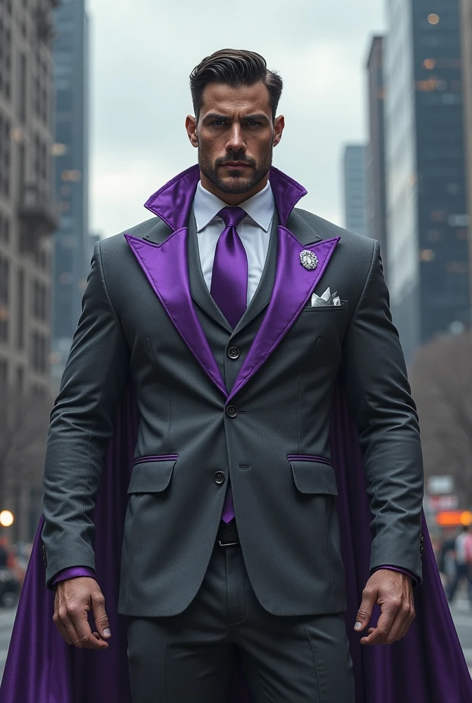 A tall, white muscular man with short, black hair and purple shade sunglasses stands confidently. He is wearing a stylish, black jacket with intricate purple patterns over a light blue shirt. He has a serious expression, high detailed, 8K, masterpiece.