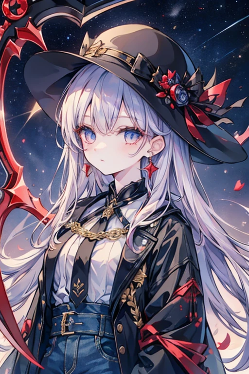 Witch costume。Rose Brooch。Small breasts。Red eyes。The spellbook is floating in the air。Black background