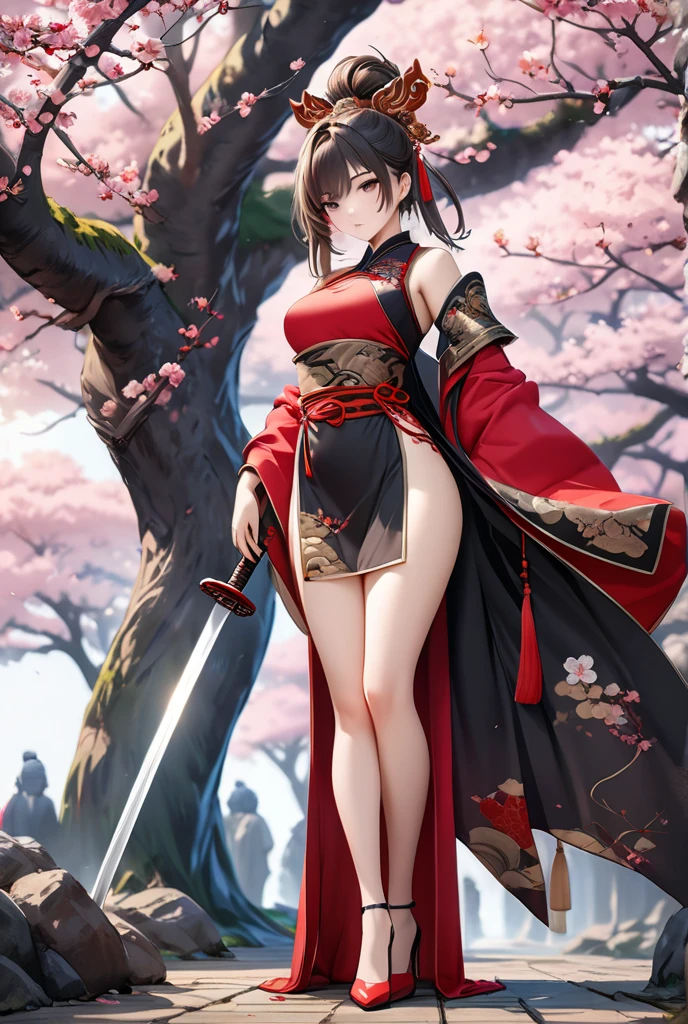 ((SFW:0.8)), Ultra High Resolution, (8K, Raw photo, Best Quality, masutepiece:1.2), high-definition RAW color photography, professional photograpy, (Realistic, photographrealistic:1.37), An ultra-fine illustrations, textile shading, Cinematic lighting, (1womanl, 26 years old), (Solo:1.4), Very beautiful, White skin, Real Human Skin, (Fine detailed face:1.2), oval-face, BREAK, slim, (huge-breasted:1.4, Sobbing the chest:1.37, Big Tits, Big cleavage:1.2), Glamorous, (Lifter Gloss, Eyelashes, gloss-face, Best Quality, Broad lighting, Natural Shading), BREAK, Medium Long Hair, Thin, Shaggy, Wavy, Deep mahogany hair, Bangs, Hair over one eye, BREAK, (Holding a long sword:1.35, 1 Playing with Fox), ((Wearing a white priestess uniform:1.35, With burgundy hakama:1.3)), (((Shrine of Japan, torii gate, stone lantern, plein air), at winter, Snow)), ((lightsmile, Open mouth:1.5, a sultry, blush)), ((Full body:0.0, From below:1.5, Dynamic Angle:1.2, Look at viewers:1.3, Dynamic Posing:1.3)), Blurry background, Bokeh, depth of fields, Ankle Focus:1.3, Centered image, (Correct anatomy:1.5),