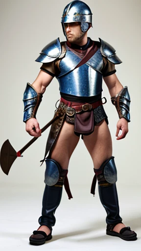 a muscular gladiator wearing a fish-shaped steel helmet dueling in an arena, extremely detailed, hyper-realistic, cinematic lighting, volumetric fog, nudity, dramatic pose