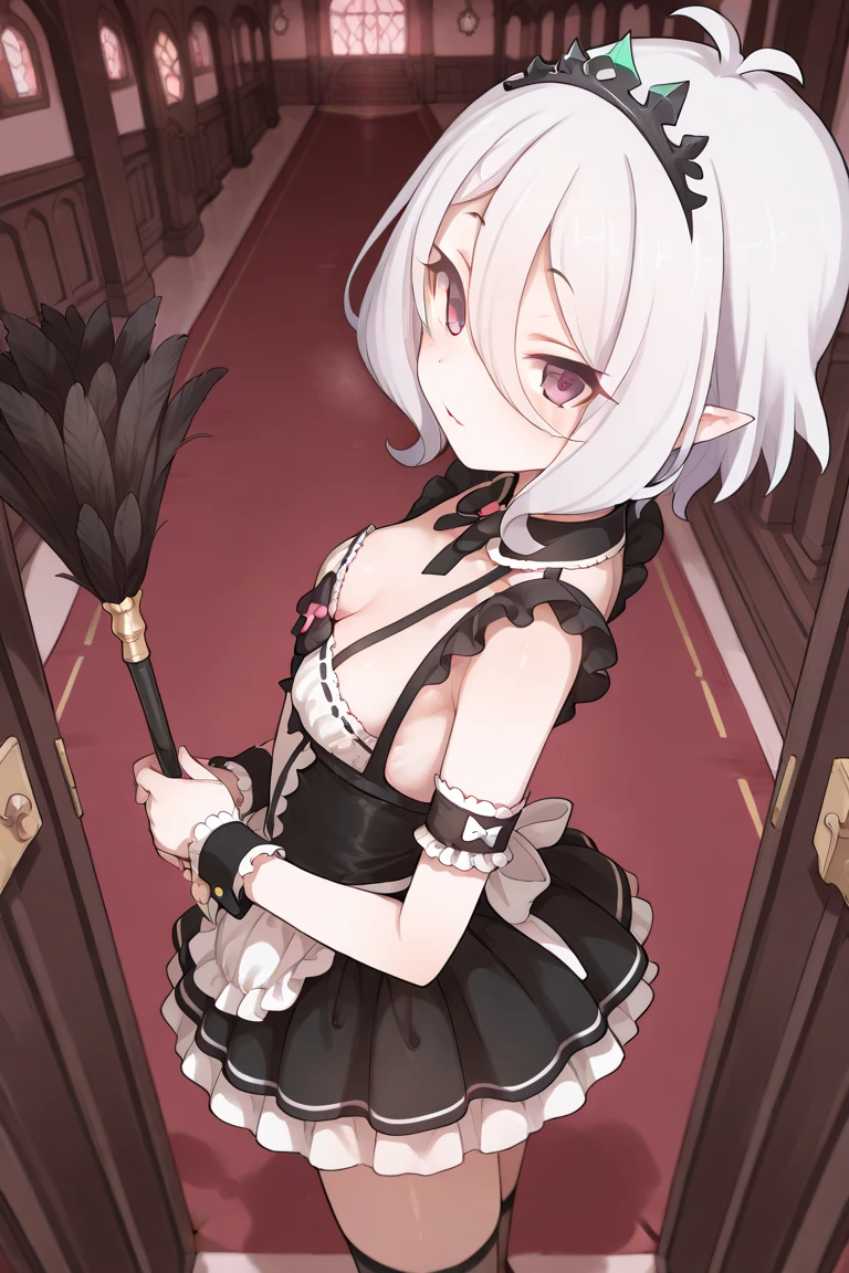 (tmasterpiece,Best picture quality,8K,Abeautifulgirl,A natural smile,short skirt,white stockings,The movements are natural and elegant,Maid uniform,gentleness,lovly,C cup chest,Luxuriously decorated and elegantly decorated rooms,Big warm bed,cute cats)