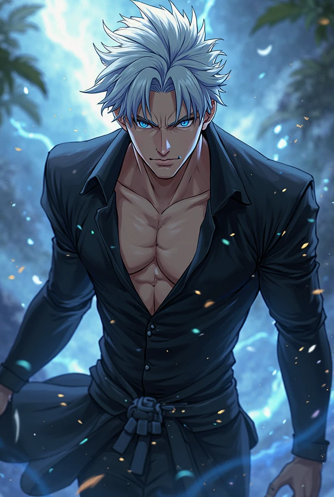 Ultra detailed, Highres, absurdres, HDR, Gojo Satoru, white hair with bangs, expressive blue eyes, hair between the eyes, white eyelashes, Jujutsu Kaisen, green leaves, summer, flowers and petals, handsome, sexy man, black pants, solo, toned chest, extremely detailed face and eyes, glittering,