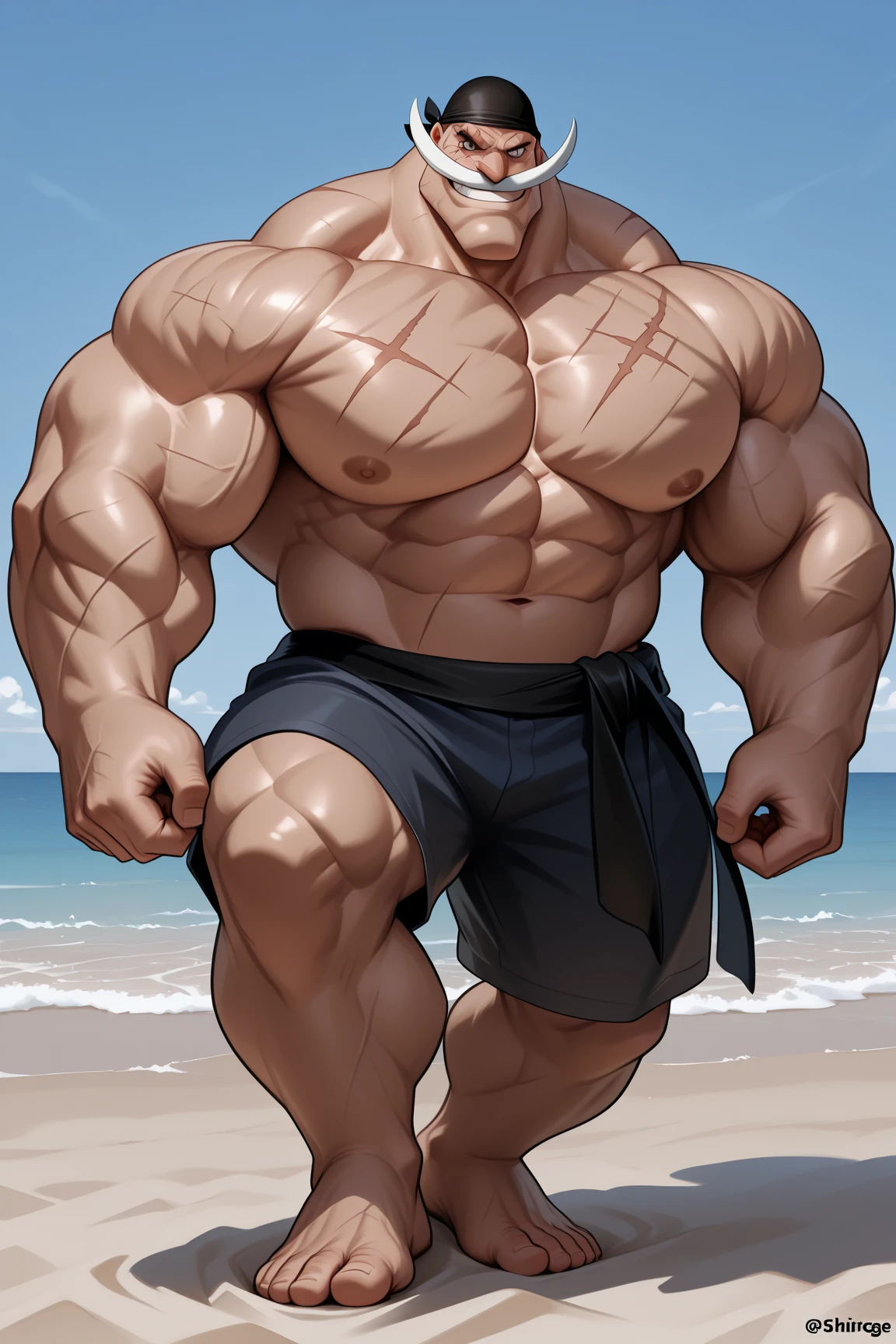 (1 girl), (megan fox:1.25), (muscular bodybuilder girl flexing her muscles on the beach:1.25), (wide shoulders:1.25), (muscular defined physique:1.25), (naked:1.25), perfect hands, long hair, large breasts, high resolution image, extreme detail, blank background