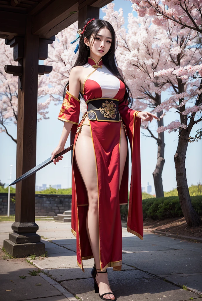 (((UHD))), (((masterpiece))), (((8k))), (((highres))), (((Surrealism))), (((cinematic lighting))), god rays, zoom layer, 1girl, (((cowboy shot))), f/4.0, Canon, beautiful face, shiny skin, detailed skin,detailed face,detailed eyes , The beautiful samurai woman , 22yo girl, Japanese sword sheath at her waist, Japanese traditional town, long hair gently tied at the back, wears a red silk kimono adorned with golden embroidery, Japanese traditional sandals, a gold necklace, a sword sheath at her waist, and a gold ring