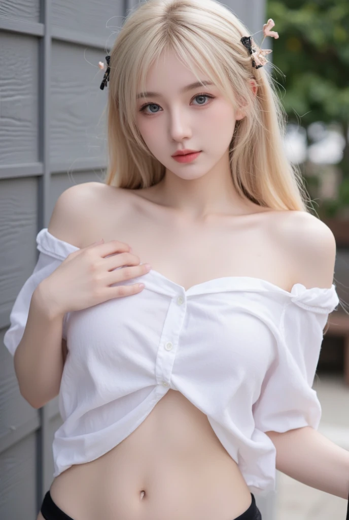 ((highest quality)), ((masterpiece)), (detailed), Perfect Face, ((highest quality, 8k, masterpiece: 1.3)), Highly detailed face and skin texture, Fine grain, double eyelid, Girl with big flower in her hair, hibiscus, Phalaenopsis orchid, Dahlia, Blonde, Low twin tails, Off the shoulder, White T-shirt, Denim mini skirt, Midsummer Beach, blue sky, Strong sunlight, Shot to the knee,Standing posture,White panties,