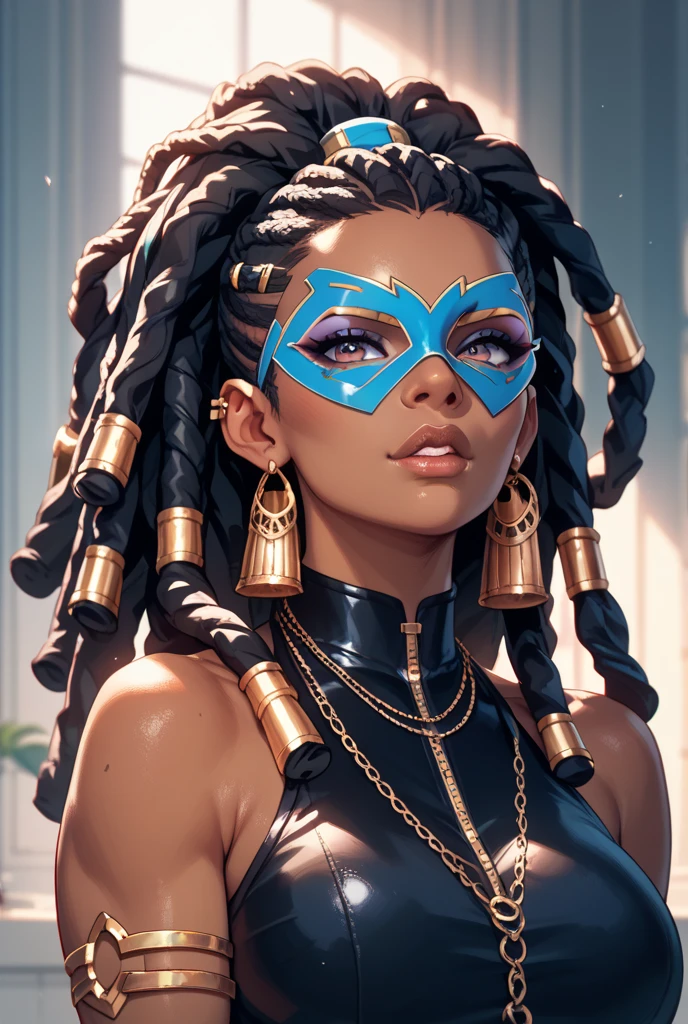 (Zendaya:Halle Berry) dressed like a nigerian chaman, red green and yellow sleeveless tunic, (high top fade haircut and dreads) tribal tattoo in the face, (golden rings necklace), Lovecraft atmosphere, masterpiece, hyperdetailed