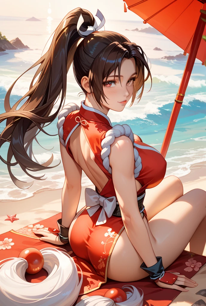 (Azula, avatar the last airbender, 1girl, beach,)) summer, medium shot, red bikini, string bikini, revealing, wet skin, sun kissed, long legs, body, perfect body, green eyes, blush, sunrays, ultra high quality, brown hair, medium breasts, standing, cameltoe, wet clothes, wet hair, tugged hair, ponytail, fire nation hair, cute, pale skin, fire nation, long hair, looking at viewer, smiling, anime, detailed